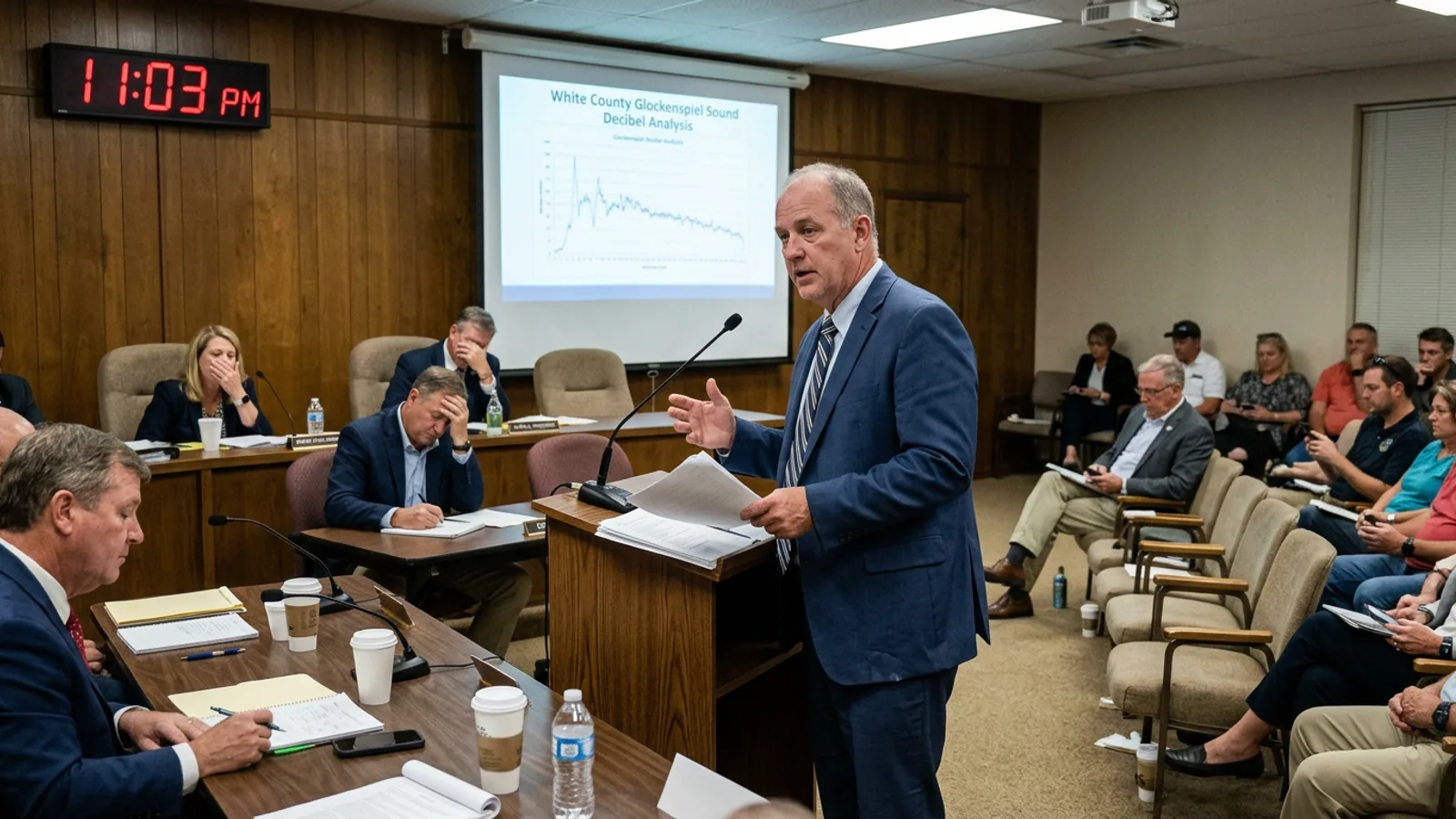 The White County Government Center main meeting hall, the morning after. Three of the seven dais microphones were replaced the following week. (Photo: Bavarian Brainrot / Margaret Holcomb)