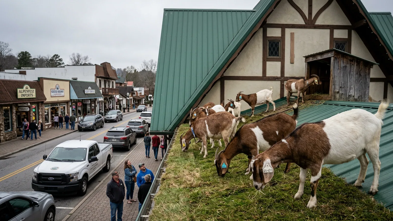 Two of the operation’s 22 documented participants on the roof of Old Bavaria Inn, Tuesday afternoon. (Photo: Bavarian Brainrot / Connor McAllister)