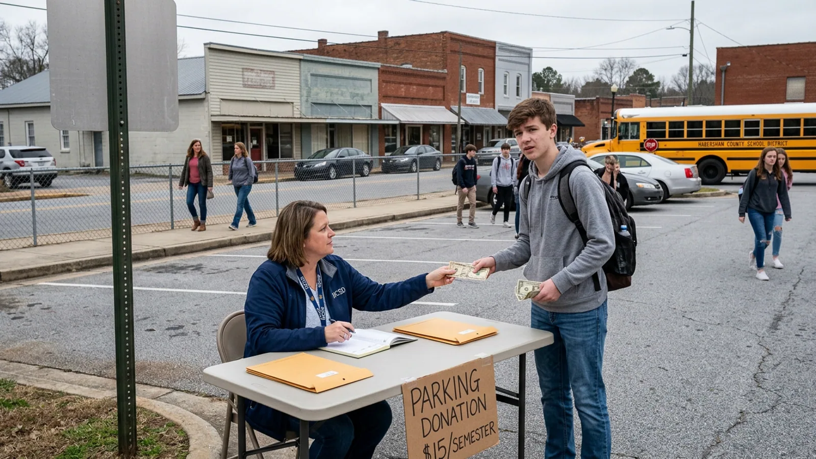 The student parking lot at Habersham Central High School, Thursday morning. The lot accommodates approximately 340 vehicles. (Photo: Bavarian Brainrot / Margaret Holcomb)