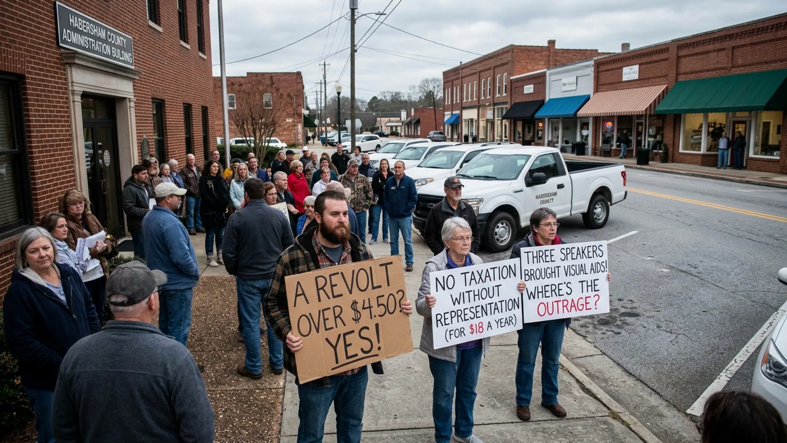 Three of the seven public-comment speakers, having delivered their remarks, file out of the Habersham County Government Center chamber. (Photo: Bavarian Brainrot / Margaret Holcomb)