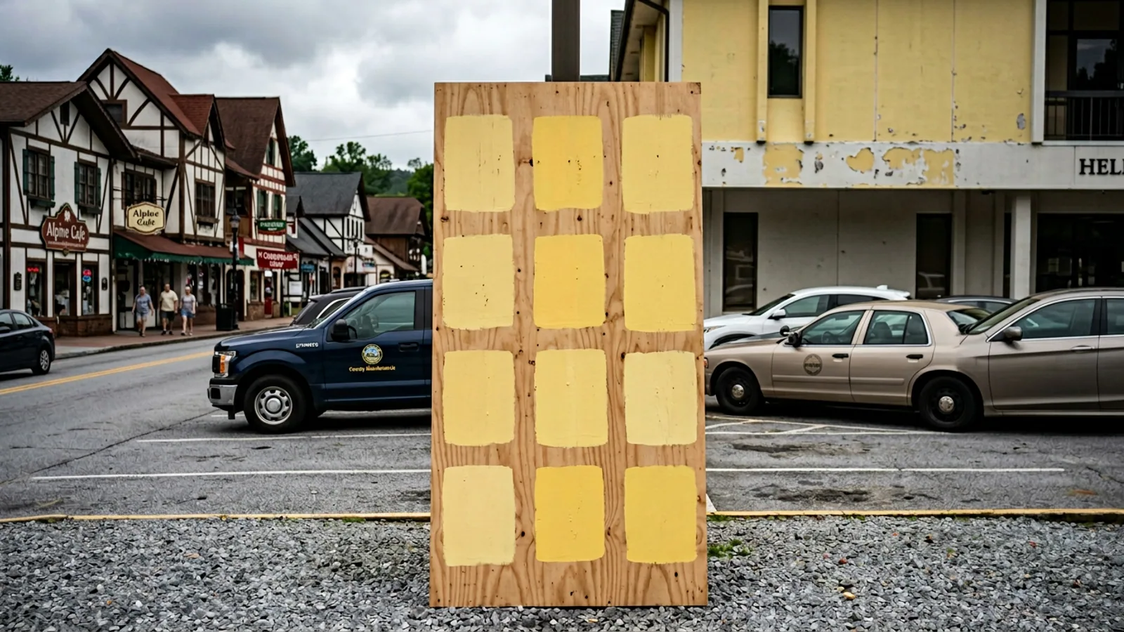 The plywood mock-up displaying twelve paint samples in the Helen City Hall parking lot, Thursday afternoon. (Photo: Bavarian Brainrot / Margaret Holcomb)