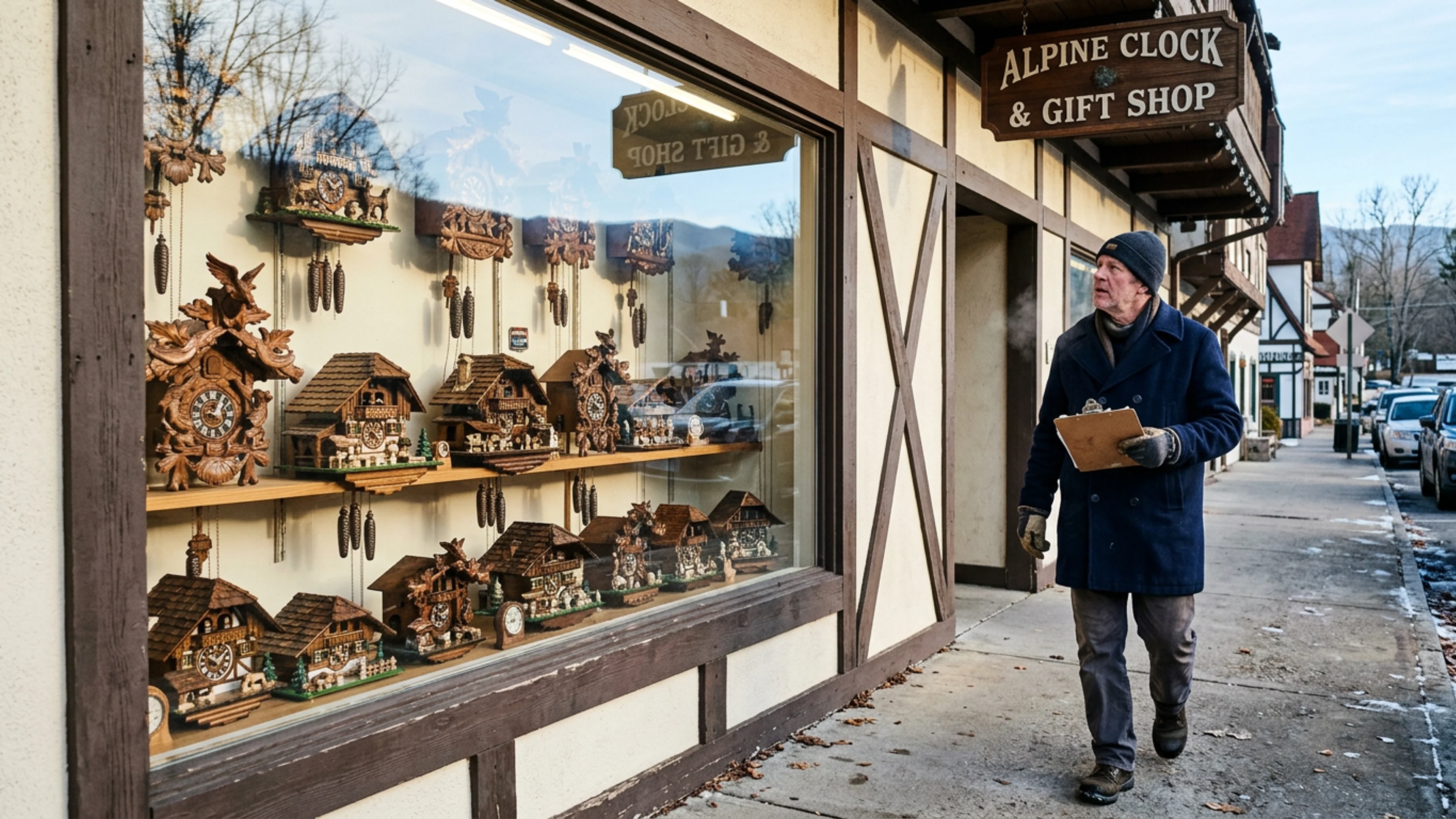 The south-facing display window of Heinrich's Cuckoo Emporium at 1204 Bruckenstrasse, Thursday afternoon, showing 14 clocks on its central lower-tier shelf alone. The total count for Heinrich's alone on this visit was 62 clocks, a decline of four from the October 2025 inventory. (Photo: Bavarian Brainrot / Dr. Wilhelm Brüning)