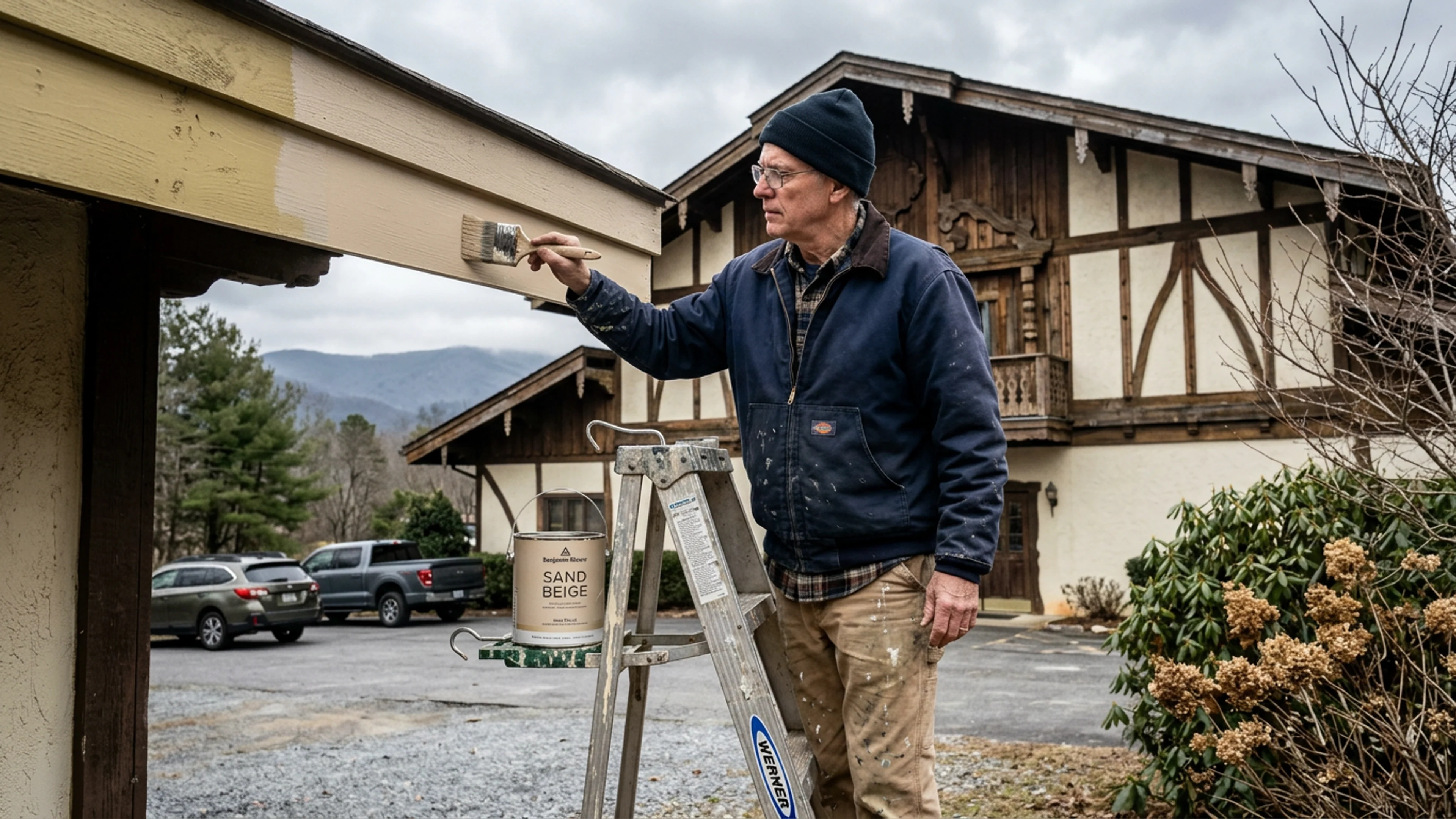 Mr. Arnulf Steinberg, 68, on a stepladder at the north trim of the Helen Festhalle Saturday afternoon, applying the second coat of Benjamin Moore 'Alpine Sand.' The trim's prior color had been a faintly yellower variant of the same shade, applied in 2014 by a contractor. Mr. Steinberg prefers the newer variant. (Photo: Bavarian Brainrot / Dr. Wilhelm Brüning)
