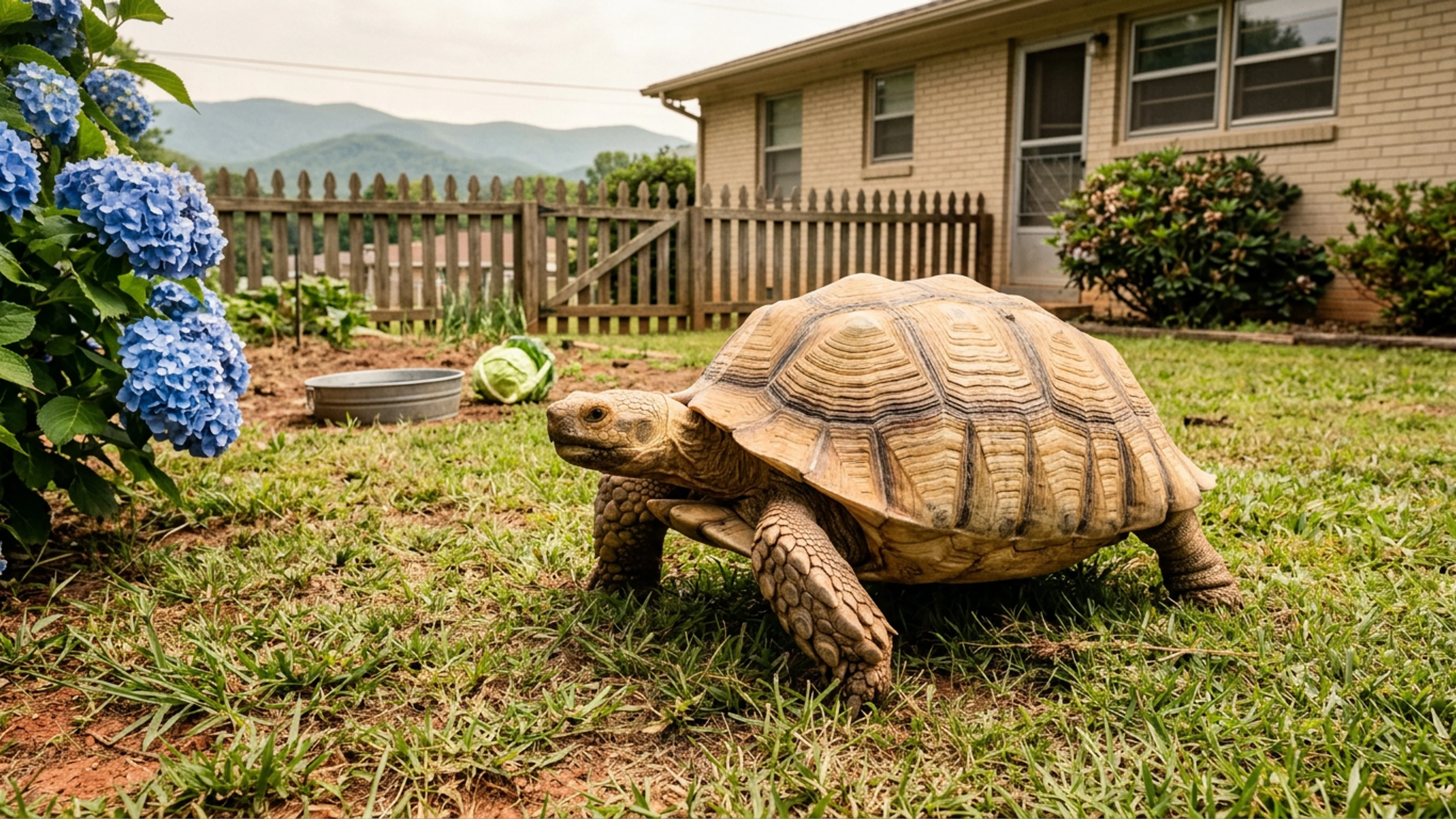 Clive, a 23-year-old male African sulcata tortoise weighing approximately 38 pounds, photographed in Mrs. Pegeen Turlock's backyard at 802 Edelweiss Strasse Wednesday morning, at 11:14 a.m. His gaze is directed approximately northwest, toward a hydrangea. He is not, per Mrs. Turlock, aware of his appointment. (Photo: Bavarian Brainrot / Connor McAllister)