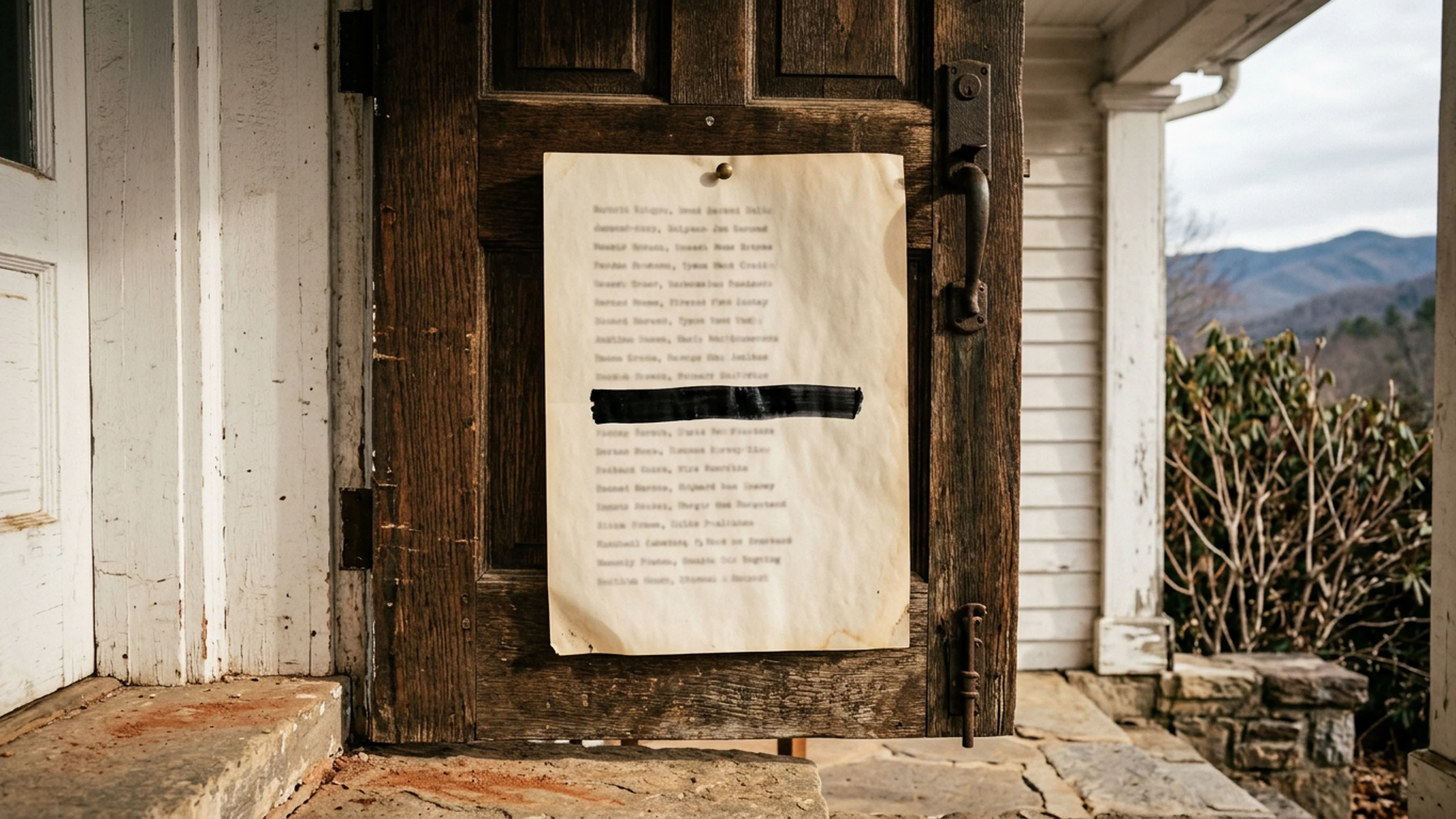 The White County Coroner's monthly public-notice bulletin, posted on the door of the White County Historic Courthouse, Friday morning. Six entries are visible. One entry's name has been redacted by hand, in black Sharpie, per the deceased's documented request. (Photo: Bavarian Brainrot / Edmund Crowe)