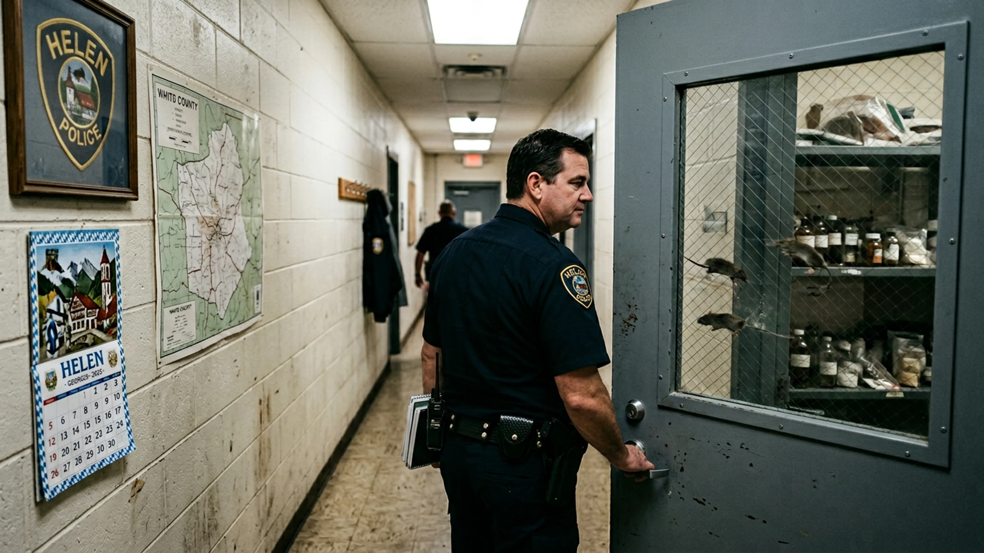 The Helen Police Department evidence locker, photographed through the glass observation window in the locker's steel door, Thursday afternoon at approximately 2:30 p.m. Four mice are visible in the frame; three are stationary, one is moving in the direction of the fourteenth-from-bottom shelf. The fourteenth-from-bottom shelf contains, per the department's chain-of-custody log, the distilled-spirits inventory. (Photo: Bavarian Brainrot / Connor McAllister)