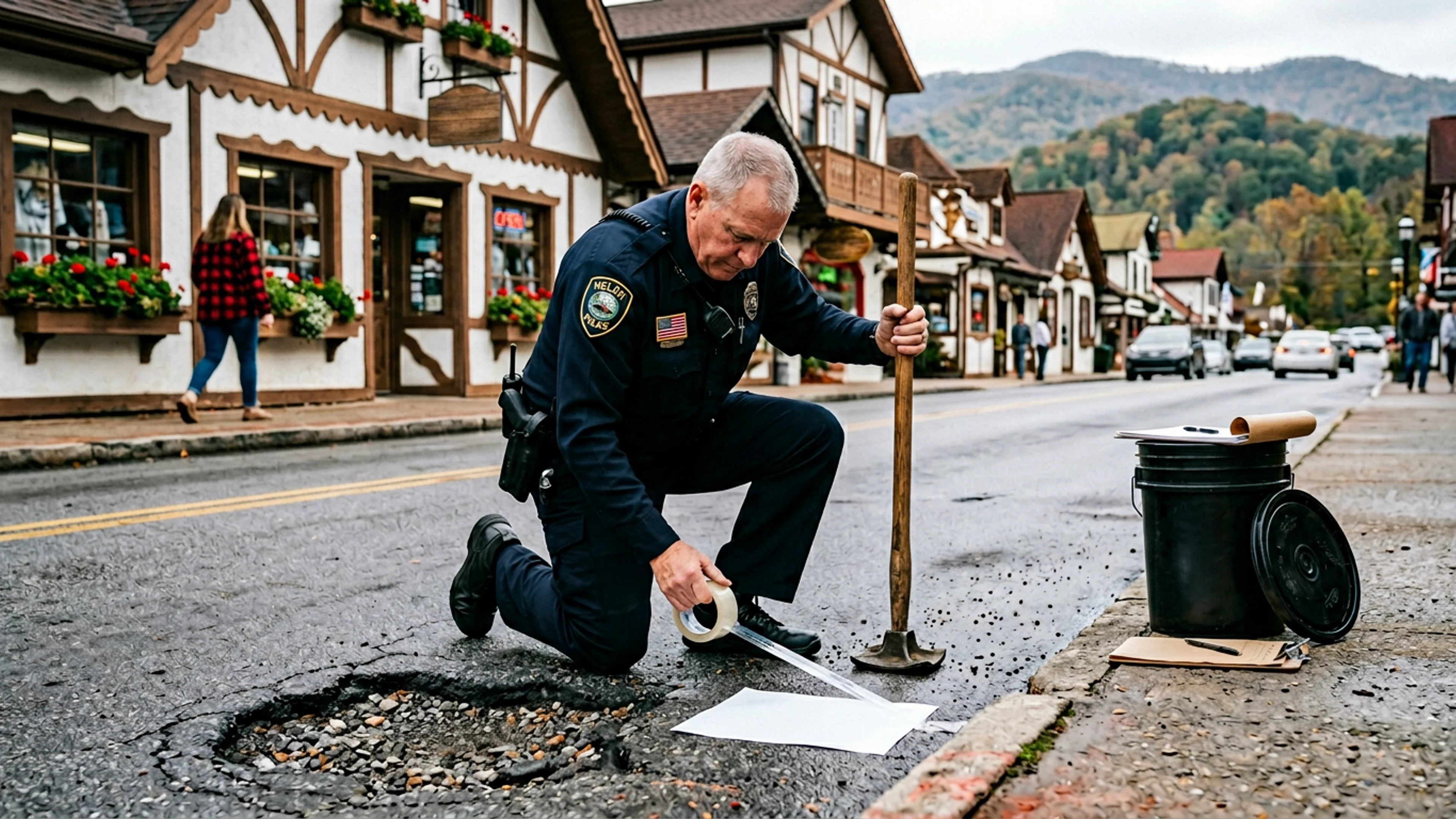 Helen PD Civil Citation No. 2026-POT-00002, taped to the surface of an approximately 4-inch-deep pothole on the 400 block of Main Street, Helen, Tuesday morning. The citation, issued to the pothole at 11:14 a.m. the previous day, is held in place by gravity and a small amount of road tar. (Photo: Bavarian Brainrot / Connor McAllister)