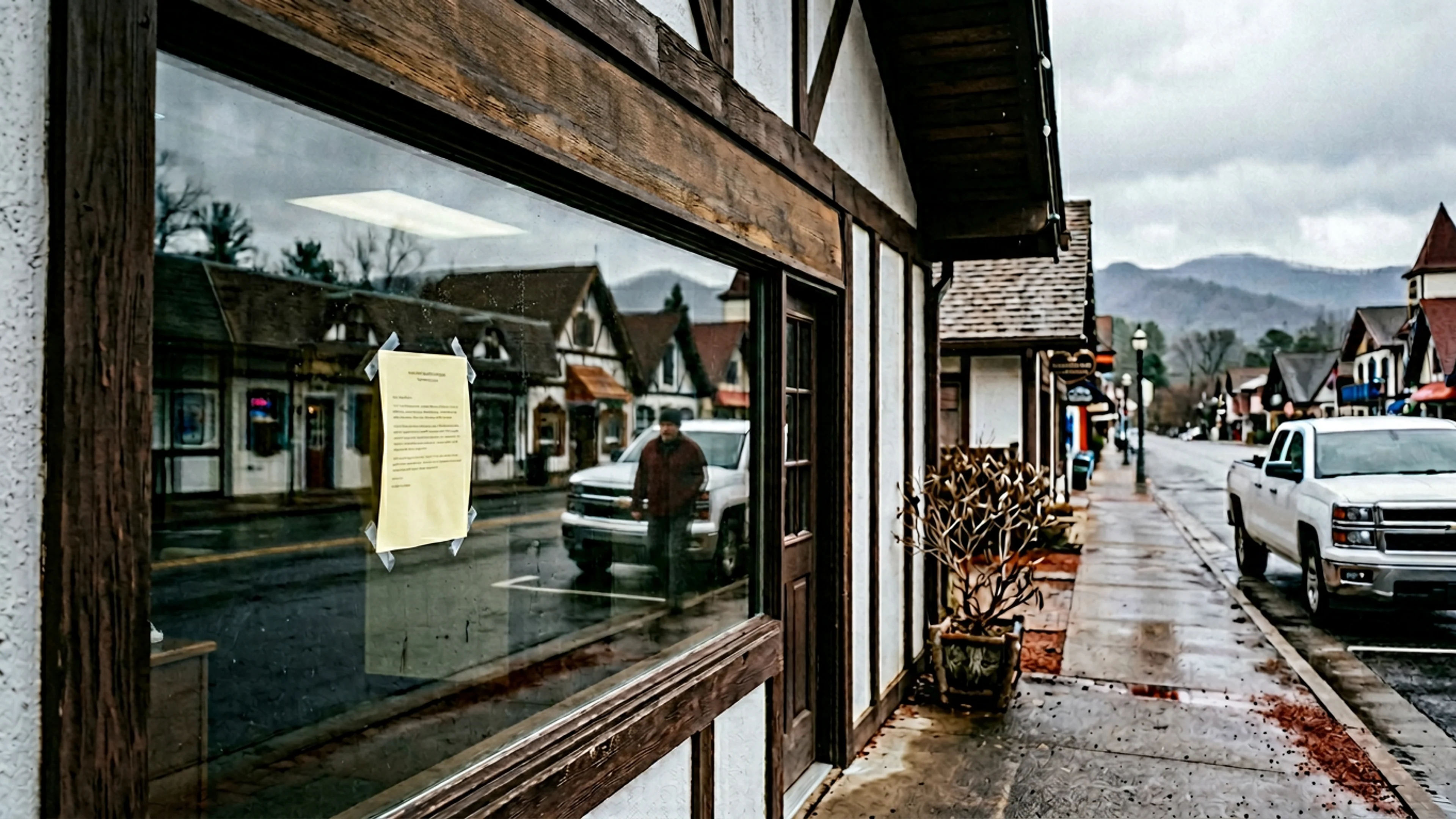 The Helen Police Department's weekly blotter printout, taped to the glass of the department's storefront window at 726 Main Street, Friday morning. Officer Vega's handwritten weekly initials (bottom right) are present. The blotter is printed single-sided on 20-lb yellow bond. (Photo: Bavarian Brainrot / Connor McAllister)