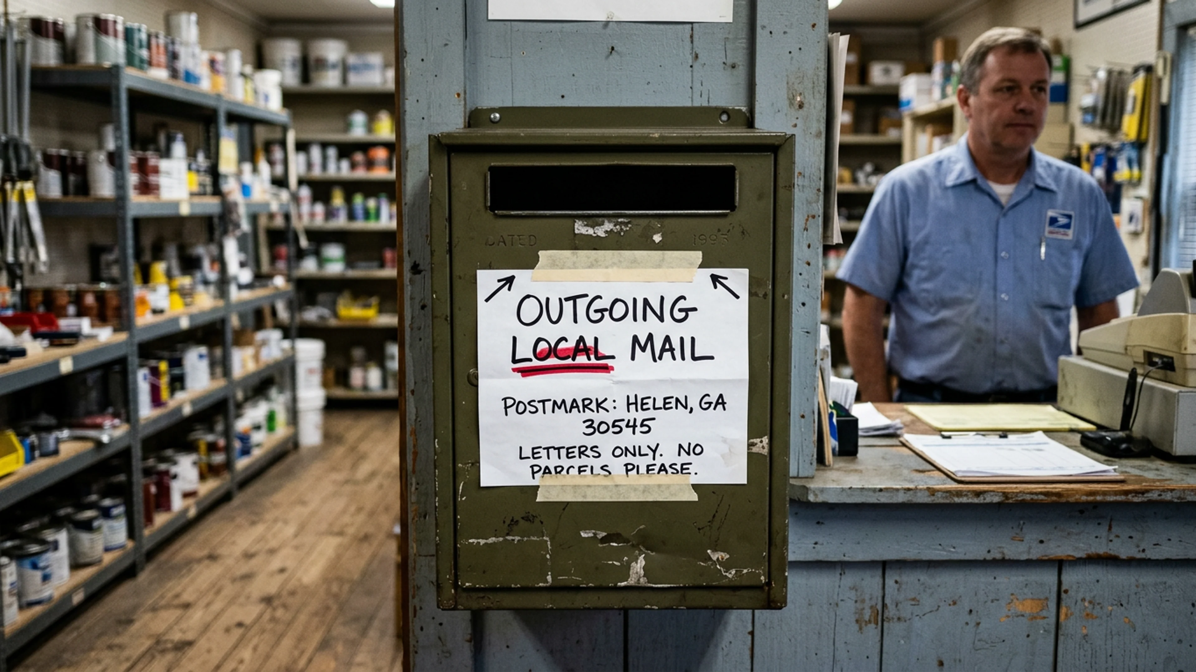 The hand-lettered sign taped to the 'Local Only' receptacle at the Helen contract post office, photographed at 11:14 a.m. Tuesday. The sign, on a folded 8.5-by-11 sheet of white 20-lb bond paper, is written in black Sharpie. The underline beneath 'below ground level' is in red. (Photo: Bavarian Brainrot / Margaret Holcomb)