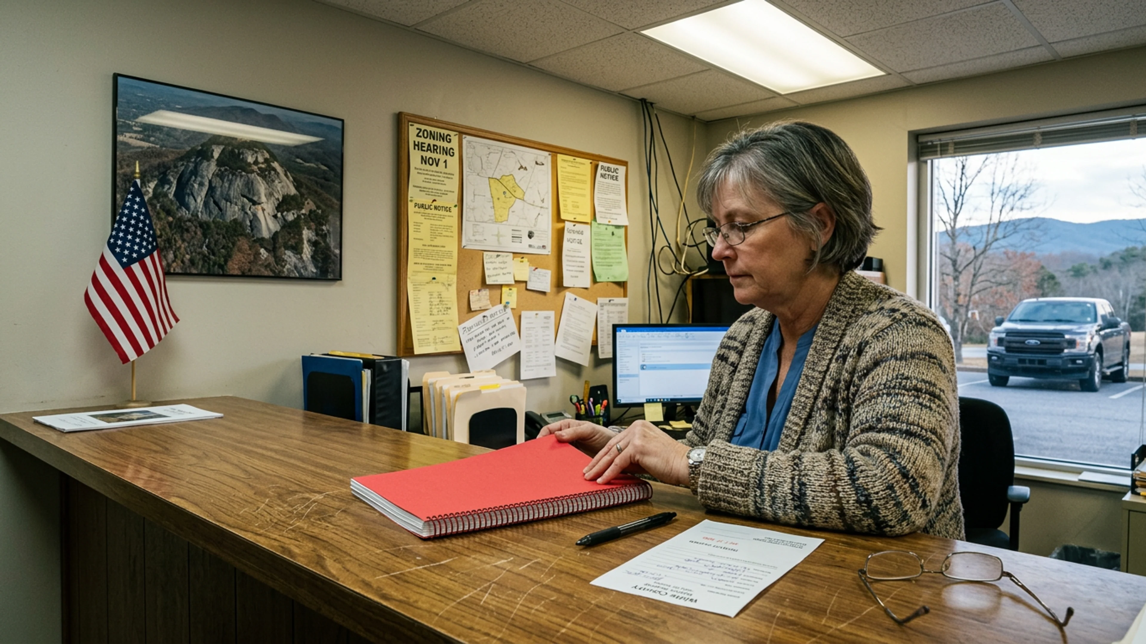 Mount Yonah photographed from Highway 75 approximately 4 miles south of downtown Helen, Thursday afternoon, showing the mountain's north face and its prominent granite cliff. The area indicated by the proposal's Exhibit C as the primary slope of the proposed ski resort (upper left quadrant of the frame) is, at the time of the photograph, bare granite with scattered scrub pine. (Photo: Bavarian Brainrot / Tasha Pemberton)