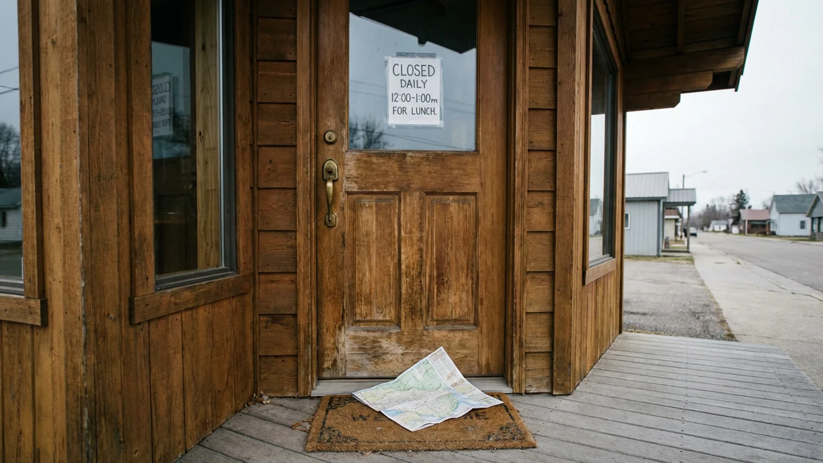 The locked front door of the Helen Welcome Center at 726 Bruckenstrasse, photographed at 12:04 p.m. Tuesday. The posted notice in the window reads: 'CLOSED DAILY 12:00–1:00 PM FOR LUNCH.' (Photo: Bavarian Brainrot / Dr. Wilhelm Brüning)