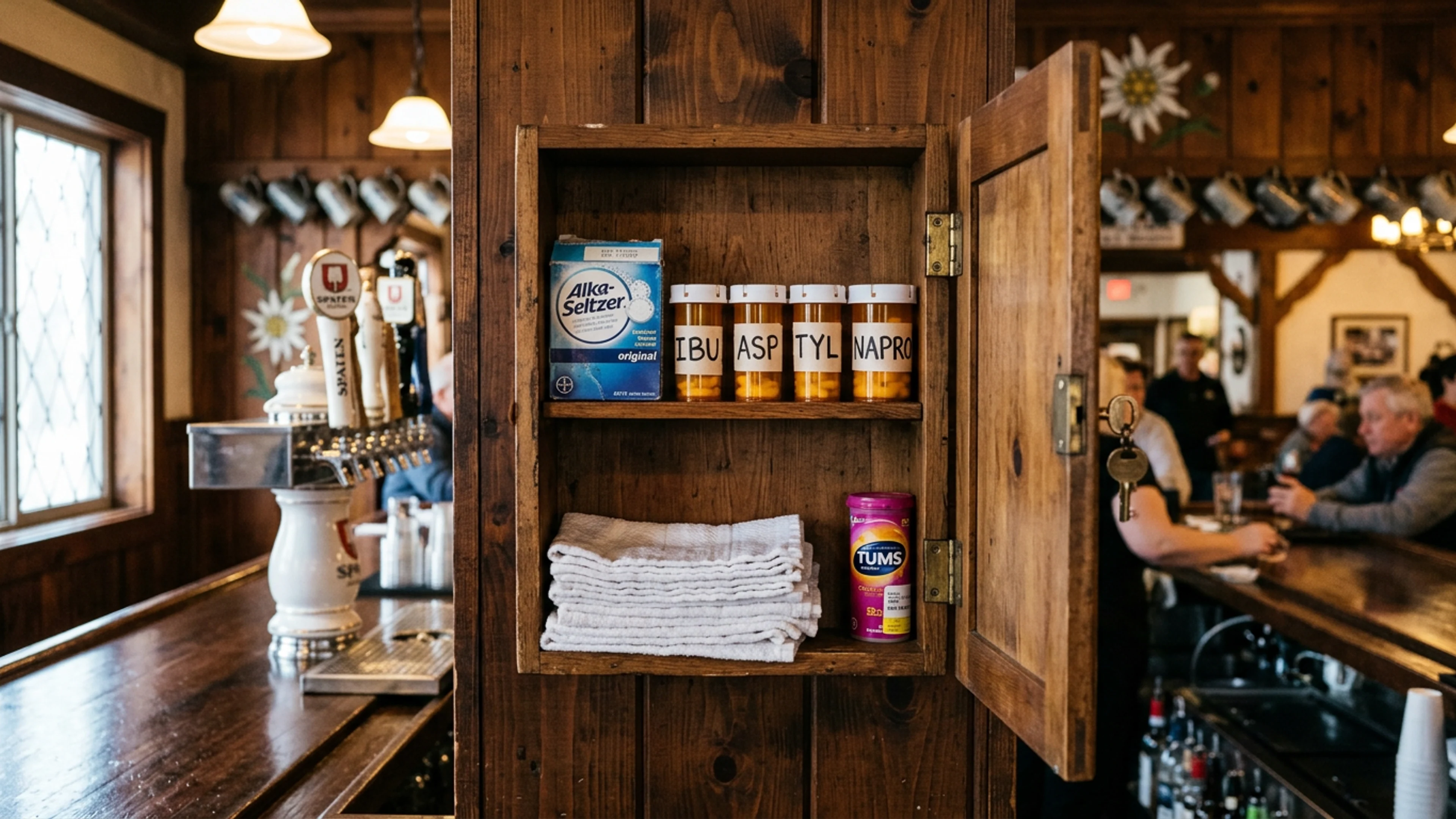 The lockable wooden service-pharmacy cabinet behind the main bar at Hofer's of Helen, open, Friday afternoon. Visible on the upper shelf: four bottles of unlabeled over-the-counter pills, each with a handwritten paper label taped to the front. The Alka-Seltzer package, front-left, shows a faded 2019 date stamp. (Photo: Bavarian Brainrot / Connor McAllister)