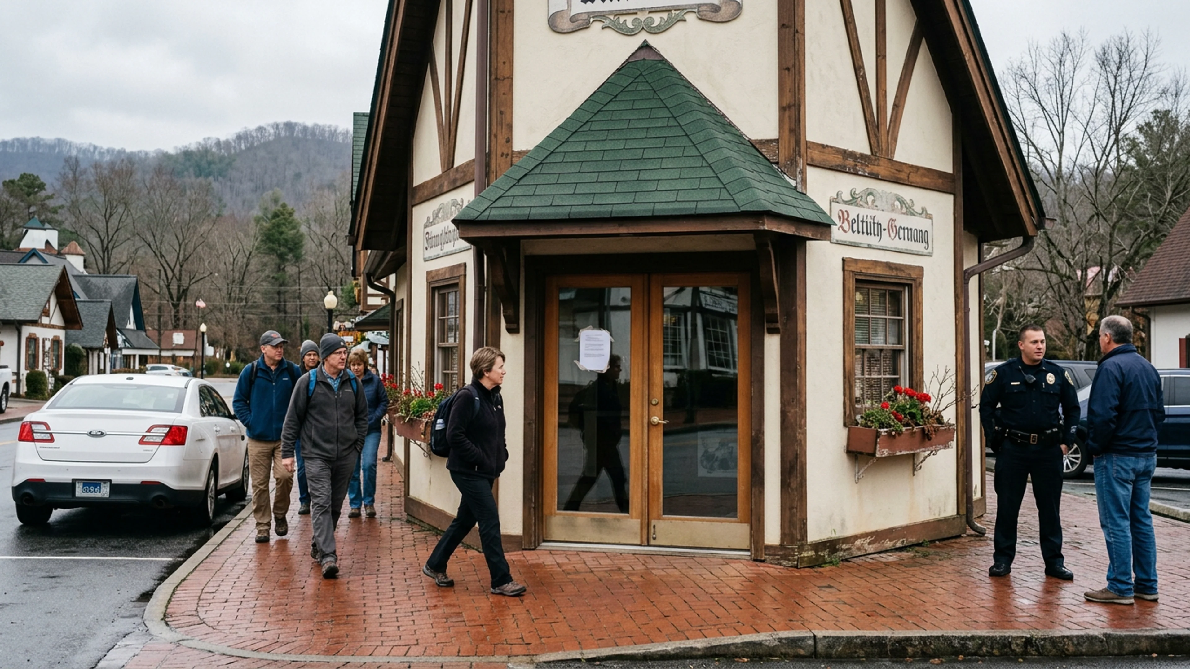 The front entrance of the Helen Welcome Center, Thursday afternoon at approximately 3:30 p.m., approximately 75 minutes after ICE Deportation Officer Brent Lowenstein departed the building without the goose. A single sheet of paper (center of frame) remains taped to the inside of the glass door, posted by Mr. Bach approximately 20 minutes after the officer's departure. It reads: 'THE GOOSE IS NOT HERE.' (Photo: Bavarian Brainrot / Margaret Holcomb)