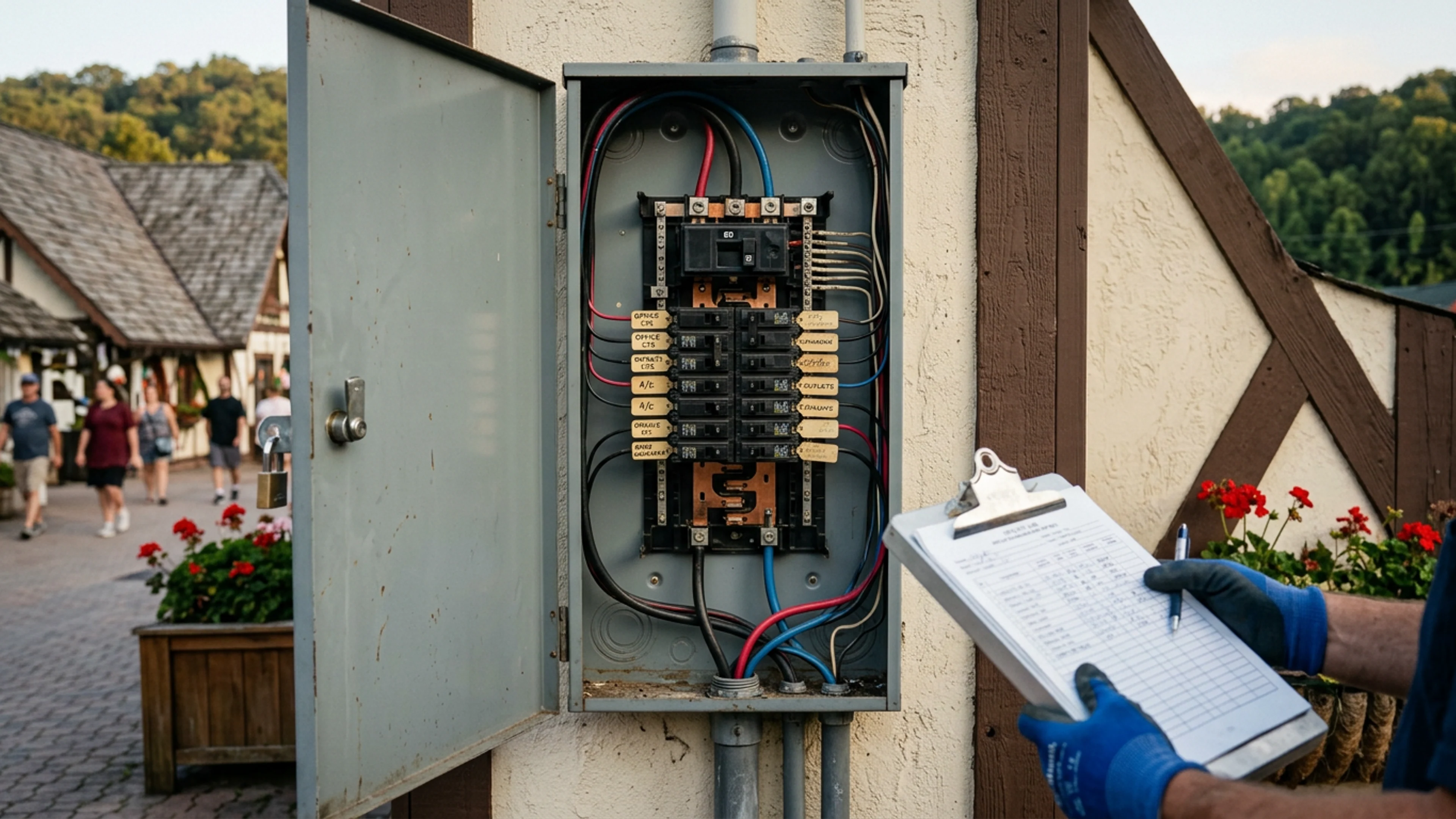 The primary electrical service panel of the Helen Downtown Glockenspiel, accessed via a locked service door on the south face of the Chamber of Commerce building at 726 Bruckenstrasse, Thursday afternoon. The panel's primary breaker is rated at 60 amps, 240 volts. The Glockenspiel's peak demand, per the most recent service record, is 14.2 amps. (Photo: Bavarian Brainrot / Tasha Pemberton)
