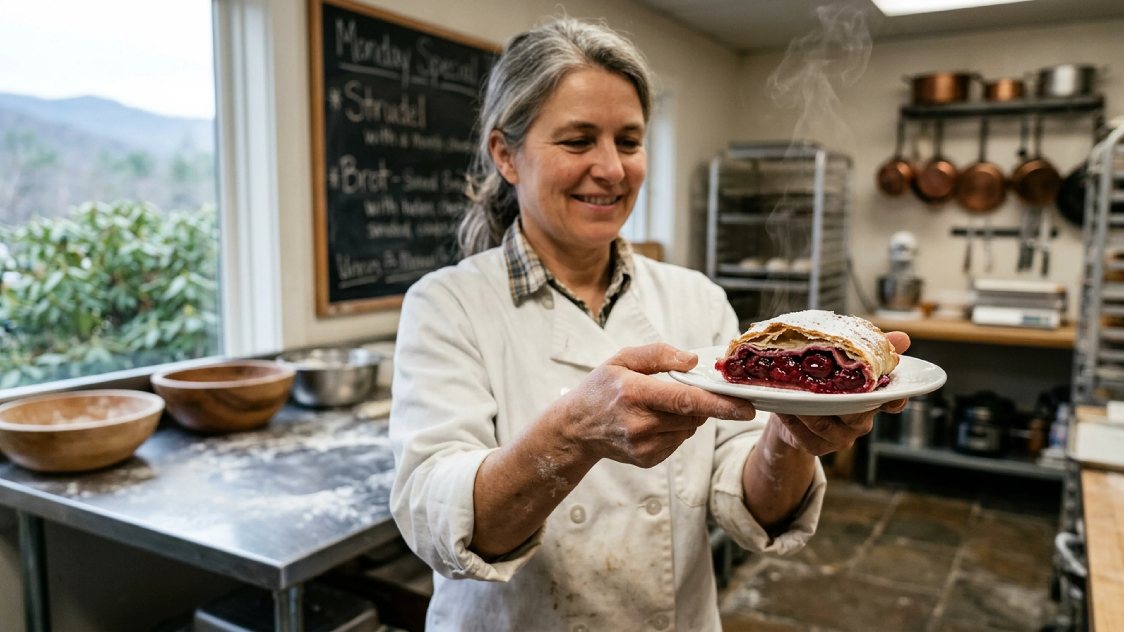 Mrs. Katrin Mueller in the pastry kitchen of Hofer's of Helen, Monday morning, holding a freshly cut slice of her Saturday cherry strudel. A wisp of steam rising from the fruit filling (upper-right) is, per Mrs. Mueller's submitted letter, 'very likely the culprit compound.' (Photo: Bavarian Brainrot / Dr. Wilhelm Brüning)