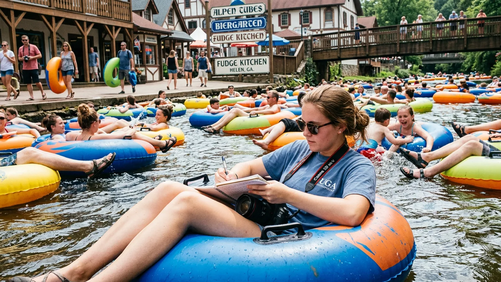 Morning light on the Chattahoochee at the Cool River Tubing put-in, Saturday, 9:04 a.m. The rental queue had already formed. (Photo: Bavarian Brainrot / Kaitlyn Reese-Brockman)