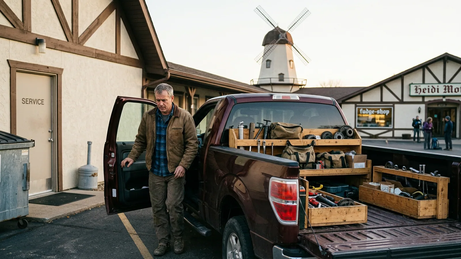 Rolf and Brunhilde at the windmill's main hub, first Tuesday of March, 7:48 a.m. The job takes between two and two and a half hours depending on the previous month's weather. (Photo: Bavarian Brainrot / Kaitlyn Reese-Brockman)