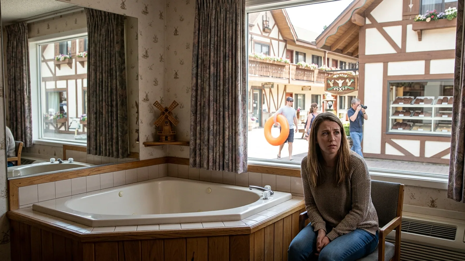 The Heidi Motel windmill, photographed from the courtyard at 7:12 a.m. From the second-floor Windmill Suite, the vantage is inverted. (Photo: Bavarian Brainrot / Kaitlyn Reese-Brockman)