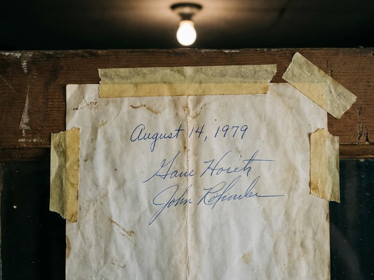 The handwritten 1979 agreement between Ed Grau and Walter Grau, taped to the inside of the second-shop side of the connecting door, photographed under the single overhead bulb. The paper is yellowed at the edges.