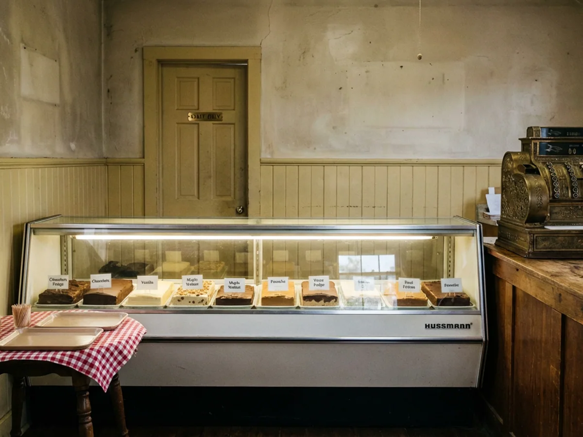 The rear wall of the Alpine Fudge Kitchen's public-facing storefront, showing the pale-yellow wainscot and the STAFF ONLY door centered in the far wall, photographed from the front counter.