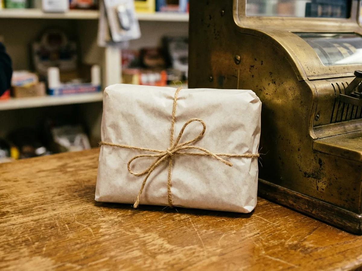 A half-pound of the chocolate-walnut fudge from the second shop, wrapped in butcher paper and tied with twine, photographed on the small wooden counter at the register.