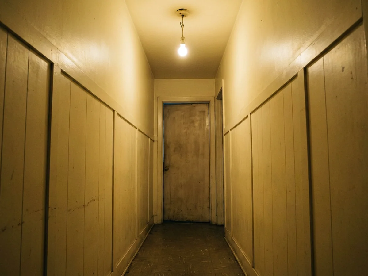 The 14-foot hallway between the two fudge shops, photographed from the storefront-side entrance. The hallway is narrow, wainscoted, and dimly lit. A second, unmarked door is visible at the far end.