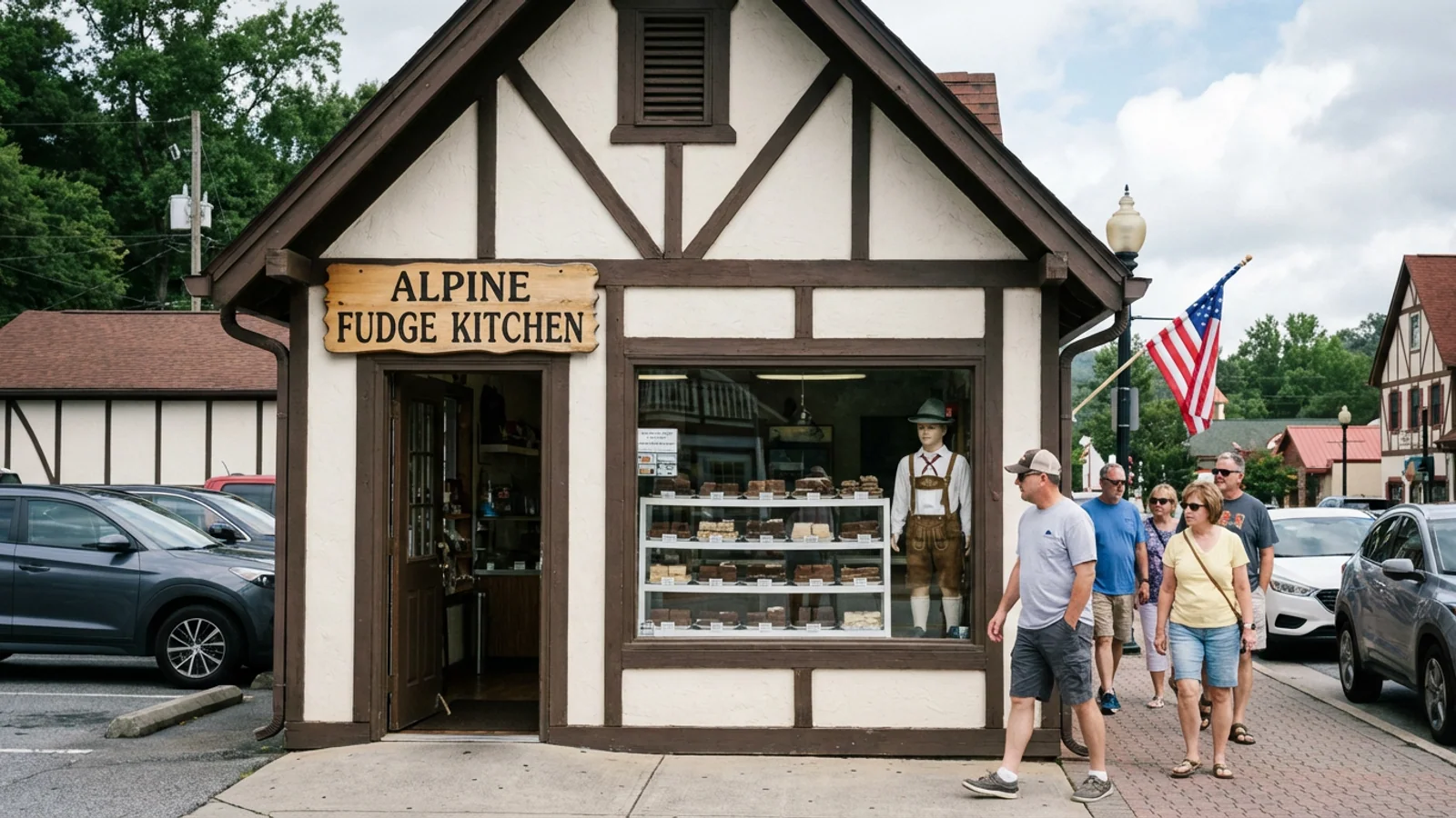 The public-facing storefront of the Alpine Fudge Kitchen at 7225 South Main Street, photographed at 2:14 p.m. Monday. The second fudge shop is not visible from the street. The second fudge shop is, in fact, 14 feet behind the far wall. (Photo: Bavarian Brainrot / Kaitlyn Reese-Brockman)