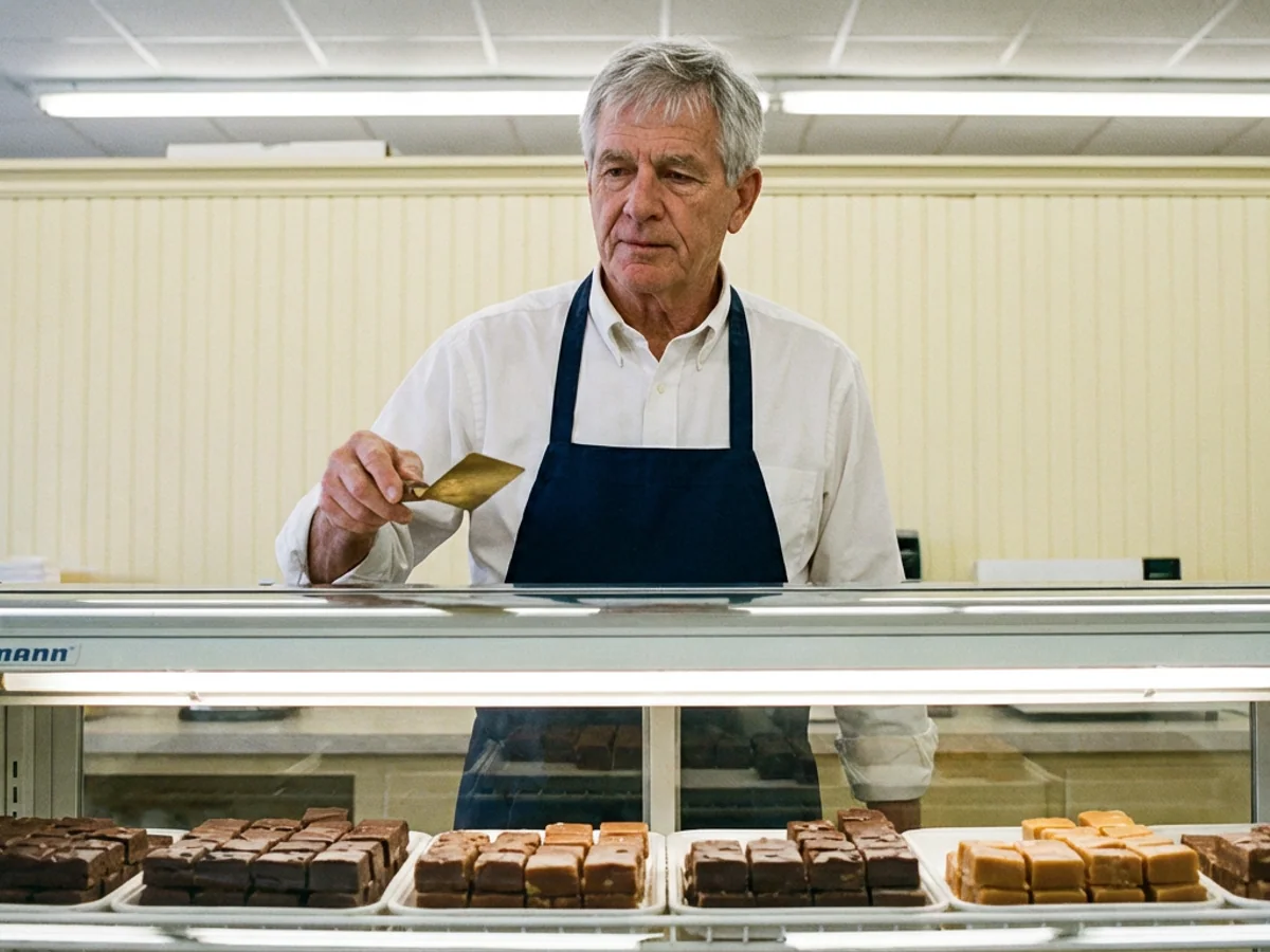 The interior of the second fudge shop, showing Walter Grau behind the display case, holding a small brass spatula mid-motion. The case contains nine varieties of fudge in neat rows. Overhead, the same pale-yellow wainscot continues.