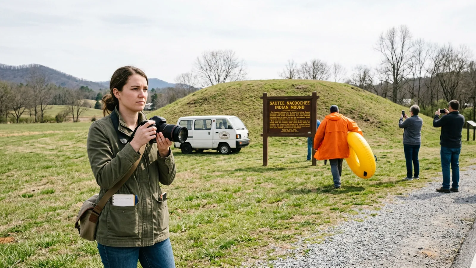 The Sautee Nacoochee mound and its gazebo, photographed from the highway shoulder in March 2026. The new post-and-cable perimeter is visible at the mound's base. (Photo: Bavarian Brainrot / Kaitlyn Reese-Brockman)
