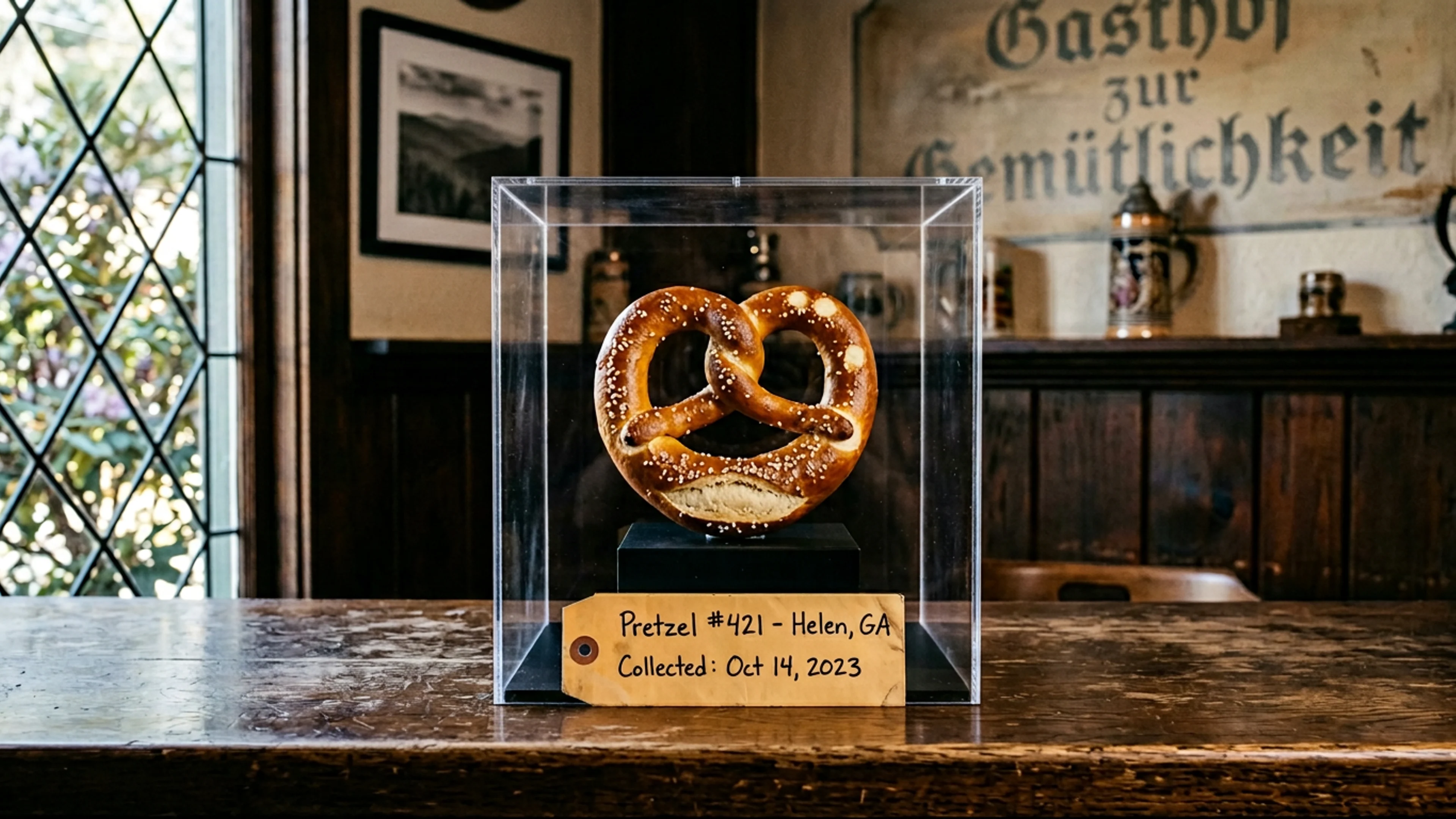 The returned Hofer's of Helen suborbital pretzel, in its clear acrylic display case on the bar at Hofer's, Wednesday afternoon. The pretzel is structurally whole. Three grains of pretzel salt have, per Mr. Maier's inventory, come loose in transit; each is individually catalogued in a small envelope taped to the base of the case. (Photo: Bavarian Brainrot / Dr. Wilhelm Brüning)