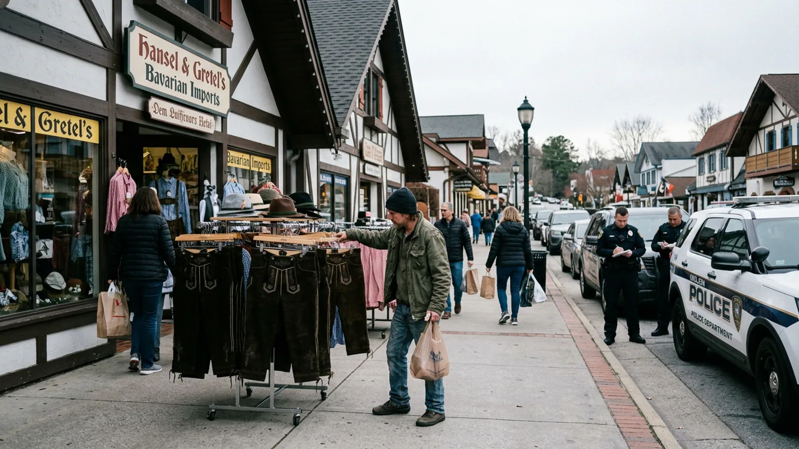 An outdoor display rack on Bruckenstrasse, Wednesday morning. Display racks of this type account for the majority of the Department's lederhosen-theft reports. (Photo: Bavarian Brainrot / Connor McAllister)