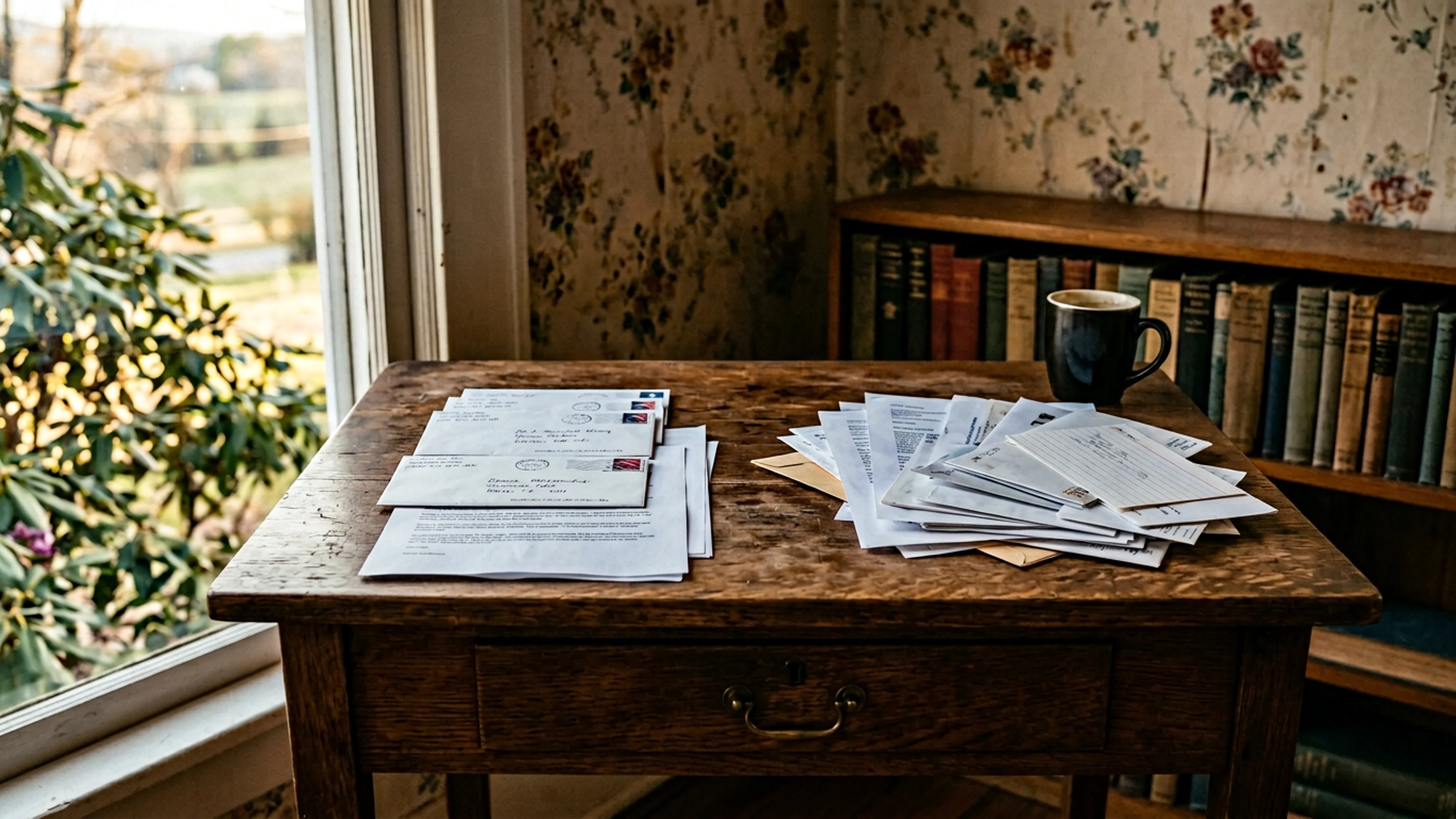 The Bavarian Brainrot letters desk — in practice, a 1940s-era oak side table in the front parlor of the publication's home office on Edelweiss Strasse — on Friday evening, bearing the thirty-one envelope-or-email submissions received in the period January 1-31. The seven printed below have been moved to the left side of the table; the remainder are to the right. (Photo: Bavarian Brainrot / Edmund Crowe)