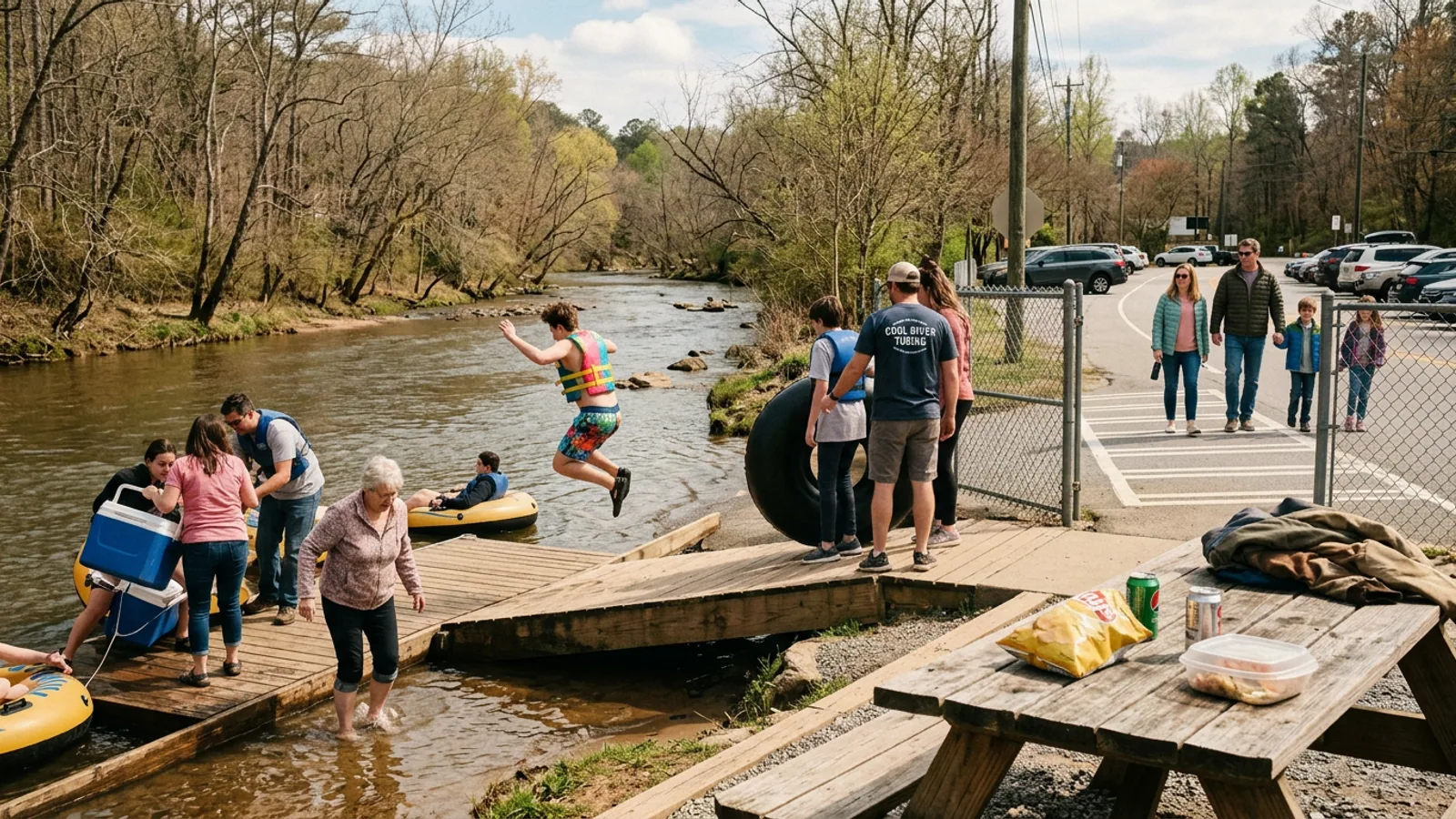 The Cool River Tubing put-in at Robertstown Road, 11:08 a.m. Saturday. The Cautious Sitter is in the foreground. (Photo: Bavarian Brainrot / Romi Fitzgerald)