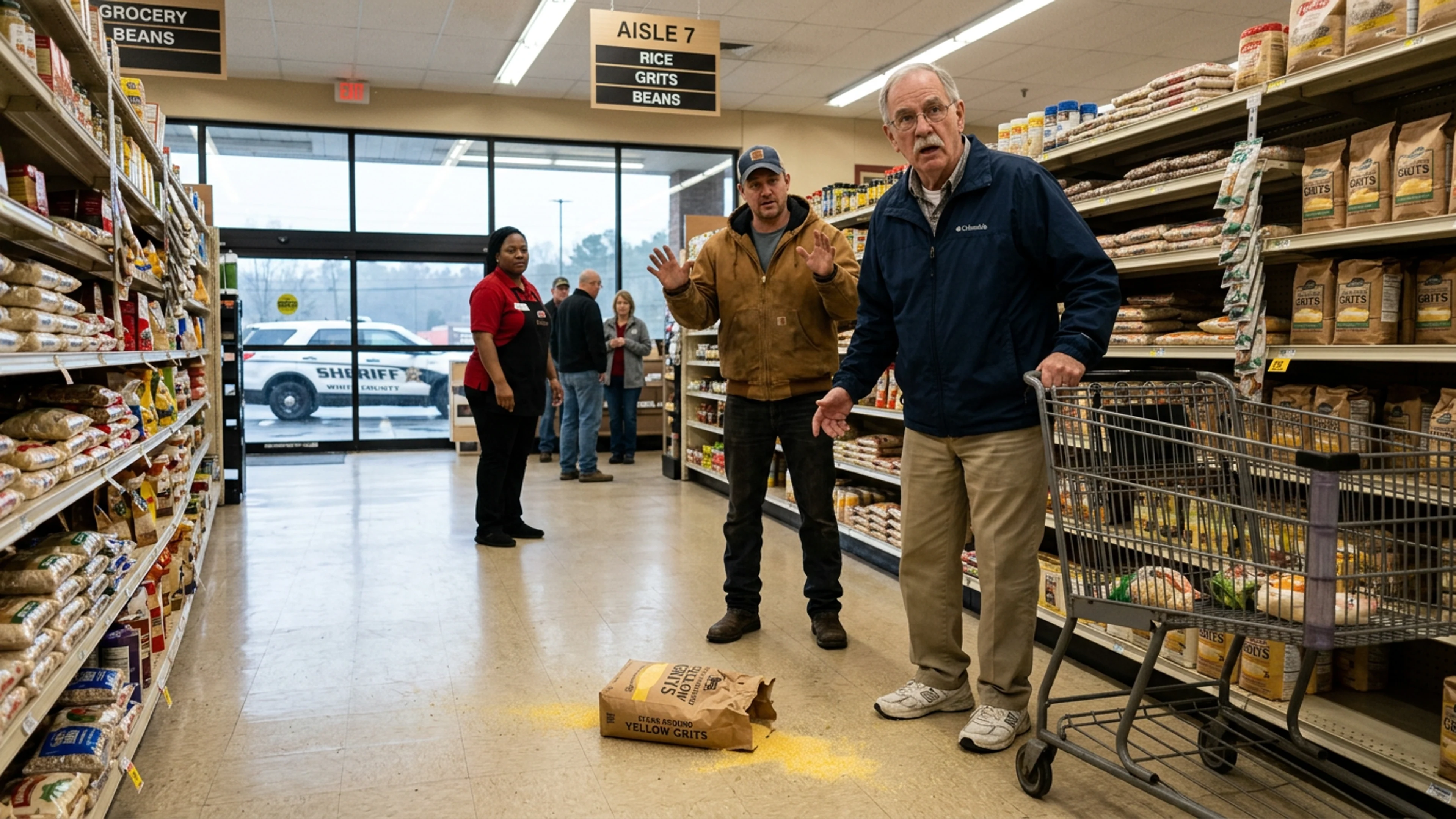 Aisle seven of the Cleveland Food Lion, South Main Street, Saturday afternoon, approximately two hours after the incident. The five-pound bag of Hoover's Stone-Ground Grits at the center of the aisle (foreground) was the bag Mr. Pike had been selecting. It remained on the floor until White County sheriff's deputies cleared the scene at 12:47 p.m. (Photo: Bavarian Brainrot / Margaret Holcomb)