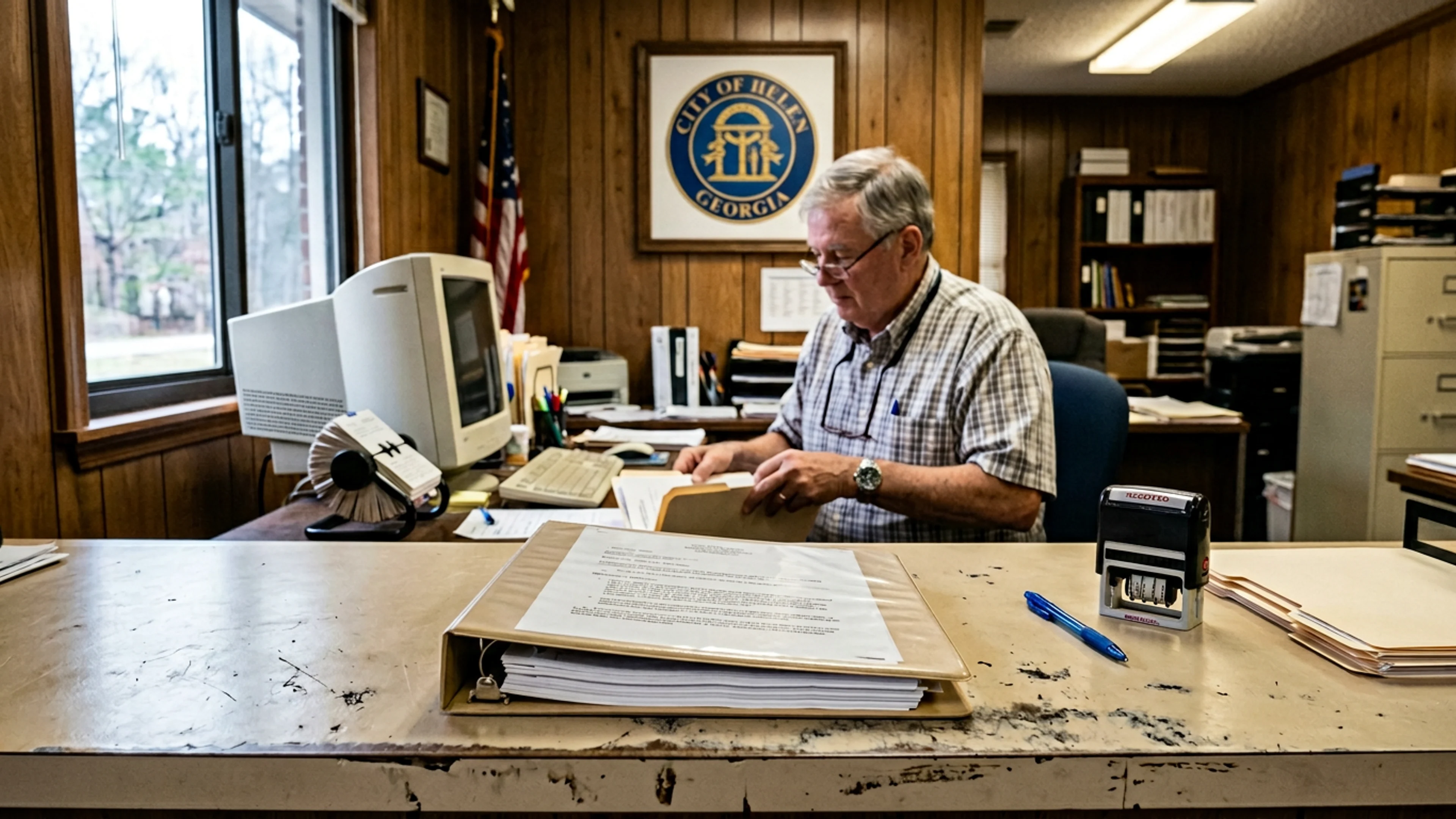 Mr. Rutger Gausemeier's 74-page position paper on the Helen City Clerk's counter Tuesday afternoon, bound in a sand-colored three-ring binder with a printed cover sheet. Clerk Carlyle Vogel has, per his practice, filed the document but not yet read it. (Photo: Bavarian Brainrot / Margaret Holcomb)