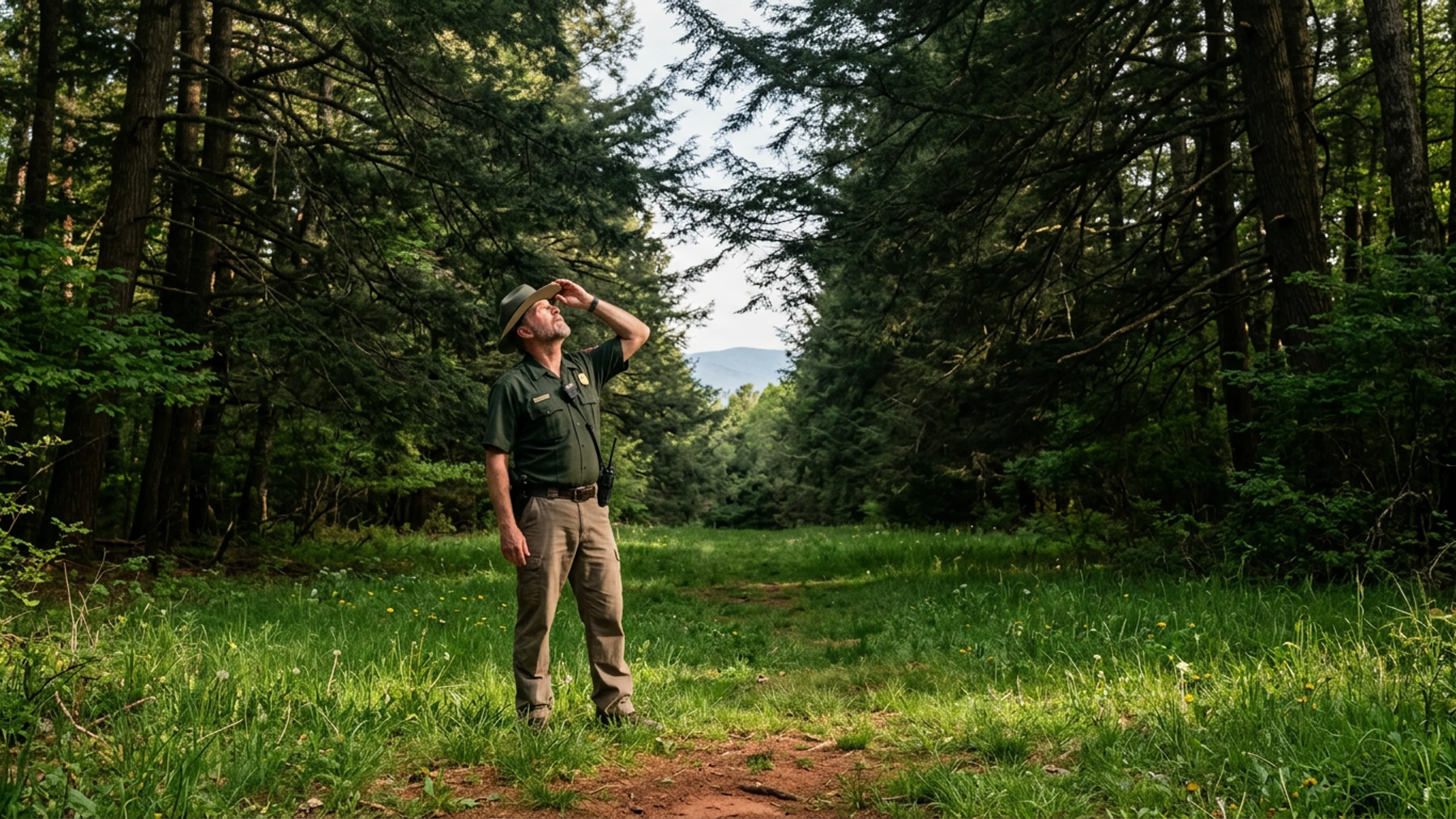 The East Meadow of Unicoi State Park, photographed Friday afternoon, showing the meadow's approximately 70-foot Eastern hemlock canopy cover. The nominally 'open' portion visible in the foreground measures approximately 14 yards wide. Unicoi Park Ranger Dierks Covington, standing at the meadow's edge, is examining the canopy from ground level. (Photo: Bavarian Brainrot / Tasha Pemberton)