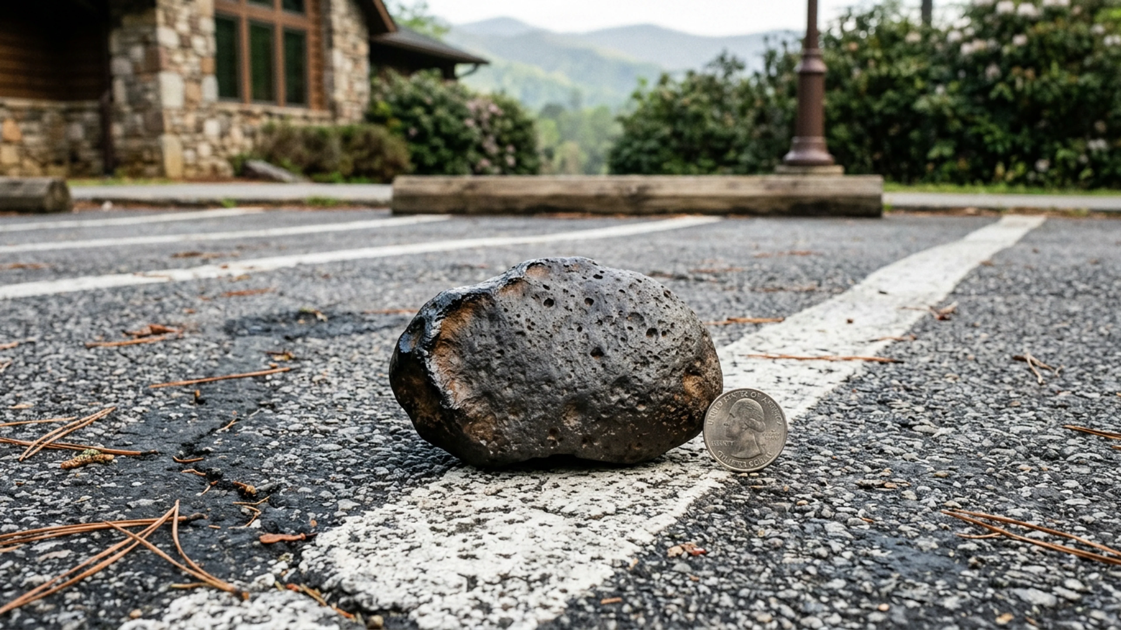 The 2.3-pound meteorite fragment in situ, Space 12, second row, Anna Ruby Falls Visitor Center parking lot, 8:05 a.m. Thursday morning, photographed with a standard U.S. quarter ($0.25) for scale. The fragment is approximately 4.5 inches at its longest dimension. The asphalt immediately around the fragment shows no visible impact crater. (Photo: Bavarian Brainrot / Garrett 'Buck' Pendergrass)