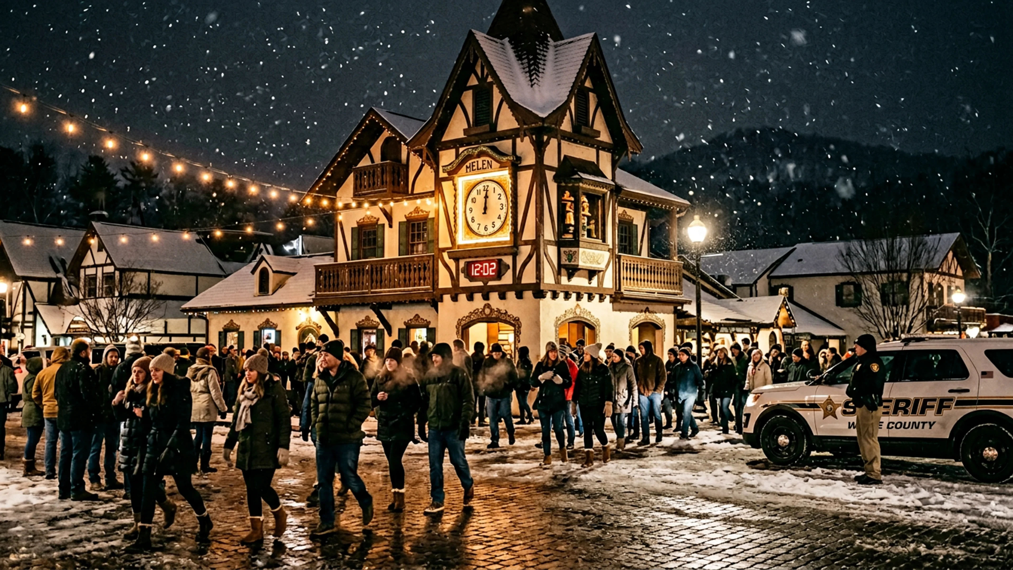 The Helen Downtown Glockenspiel, photographed at 12:02 a.m. Thursday, January 1, two minutes after it did not chime in the new year. Approximately 60 witnesses, visible in the lower portion of the frame, are mid-dispersal. A light snow had begun falling about an hour prior. (Photo: Bavarian Brainrot / Margaret Holcomb)