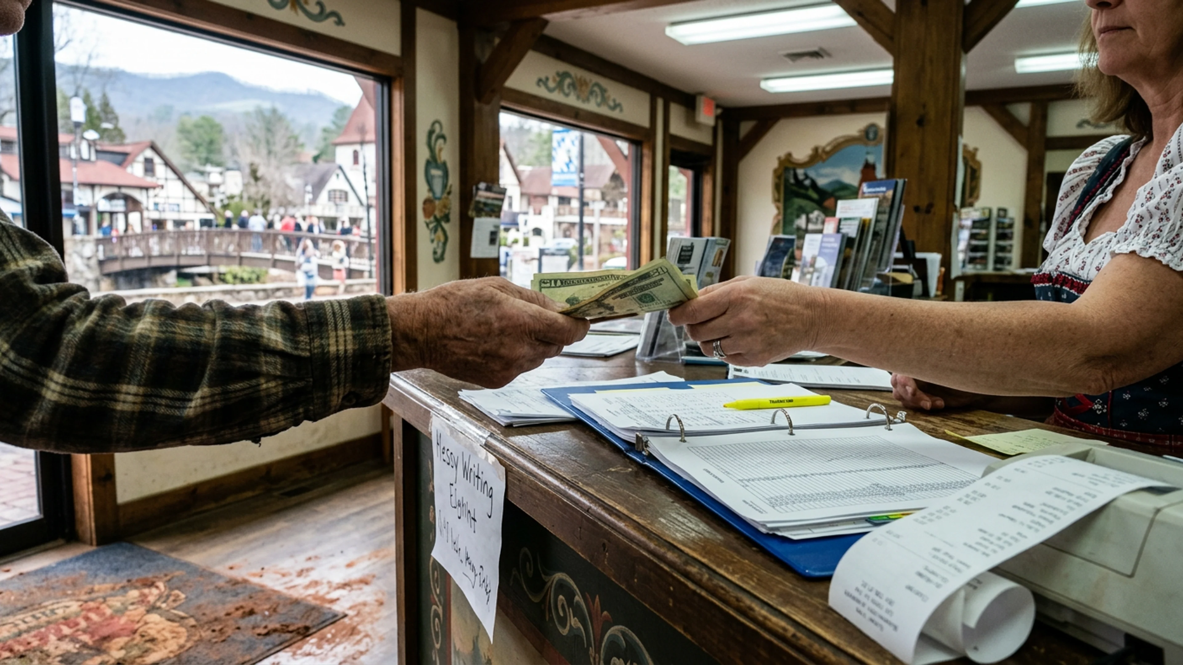 A view of Main Street, Helen, at approximately 2:47 p.m. Saturday, October 18, 2025 — the single Saturday of the 2025 Oktoberfest to which the Chamber's post-festival analysis refers in its 'atypical events' section. Approximately 2,800 persons are visible in the frame. The Glockenspiel (upper-left, partially occluded by bunting) is at this moment, per one eyewitness account, 'silent.' (Photo: Bavarian Brainrot / archives, via Chamber of Commerce)