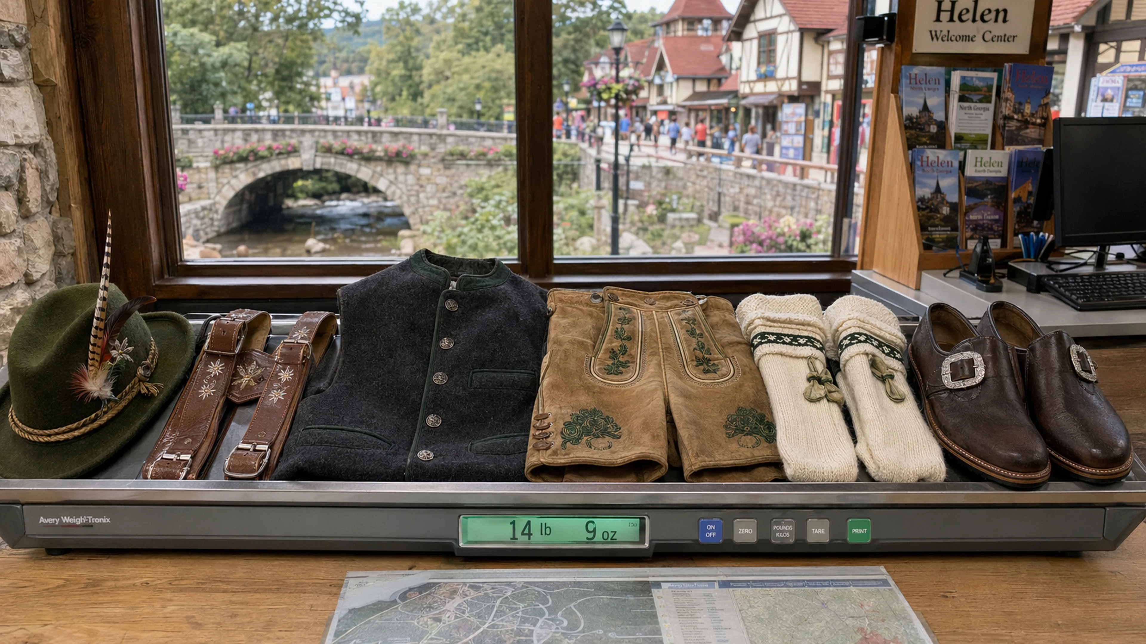 The contested ensemble, photographed Sunday afternoon on the postal scale at the Helen Welcome Center front desk, immediately following the owner's voluntary deposit of the ensemble for the paper's inspection. Visible, left to right: a hand-embroidered wool alpine hat with pheasant feather (1 lb, 4 oz); a pair of full-weight brown leather Hosentrager suspenders with edelweiss embossing (11 oz); a boiled-wool charcoal waistcoat (2 lb, 8 oz); short-cut buckskin lederhosen with embroidered front panel (4 lb, 2 oz); heavy cream knee-socks with matching garters (14 oz); and a pair of full-grain leather Haferl shoes with silver buckles (5 lb, 2 oz). Total weight on the pictured scale: 14 lb, 9 oz. (Photo: Bavarian Brainrot / Connor McAllister)