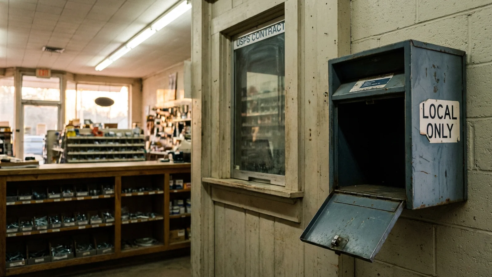 The 'LOCAL ONLY' outgoing-mail receptacle at the Helen contract post office, located inside Helen Ace Hardware at 7090 South Main Street, photographed Friday afternoon. The receptacle is empty. It was also empty the previous Friday, and the Friday before that, and the Friday before that. (Photo: Bavarian Brainrot / Margaret Holcomb)