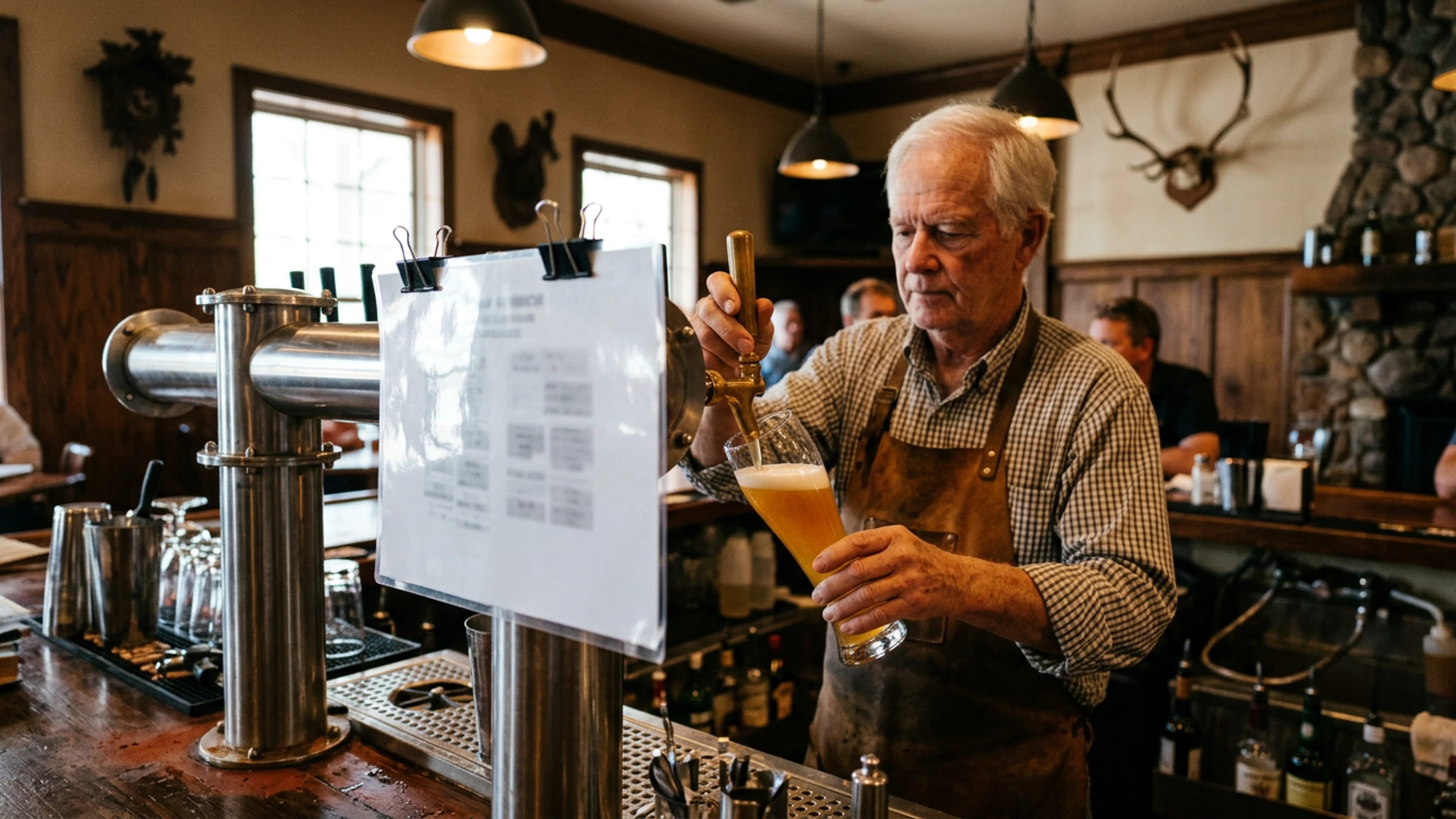 The 9-by-12-inch laminated sign above the tap system at Hofer's of Helen, photographed Saturday afternoon. The sign is laminated in clear 5-mil plastic and attached to the tap manifold with two binder clips. Gunter Maier, proprietor, is visible in the background, pulling a beer. (Photo: Bavarian Brainrot / Dr. Wilhelm Brüning)