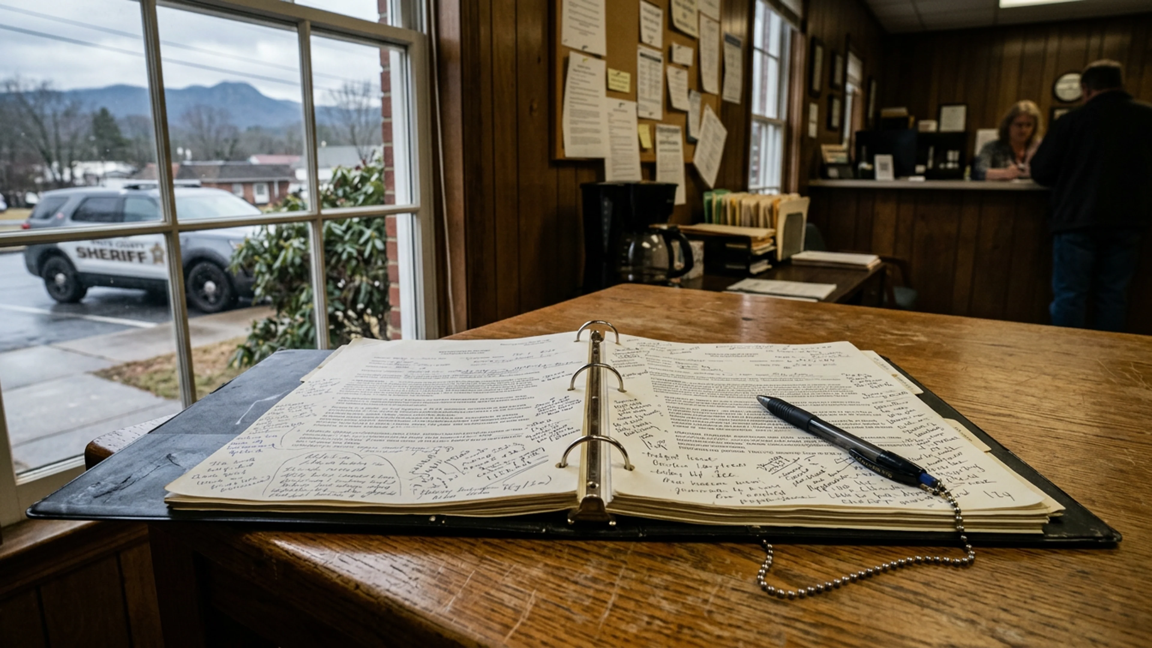 The White County Zoning Binder, Volume VII, open to pages 1,744-1,745 on the reading table of the Clerk's office in Cleveland, Thursday afternoon. The two pages shown document a 2023 variance application for a 42-inch storage-shed setback reduction at a parcel in Sautee. The application was approved on a 4-1 vote. The pages are, per my own count, 84% margin-annotations by prior readers. (Photo: Bavarian Brainrot / Margaret Holcomb)