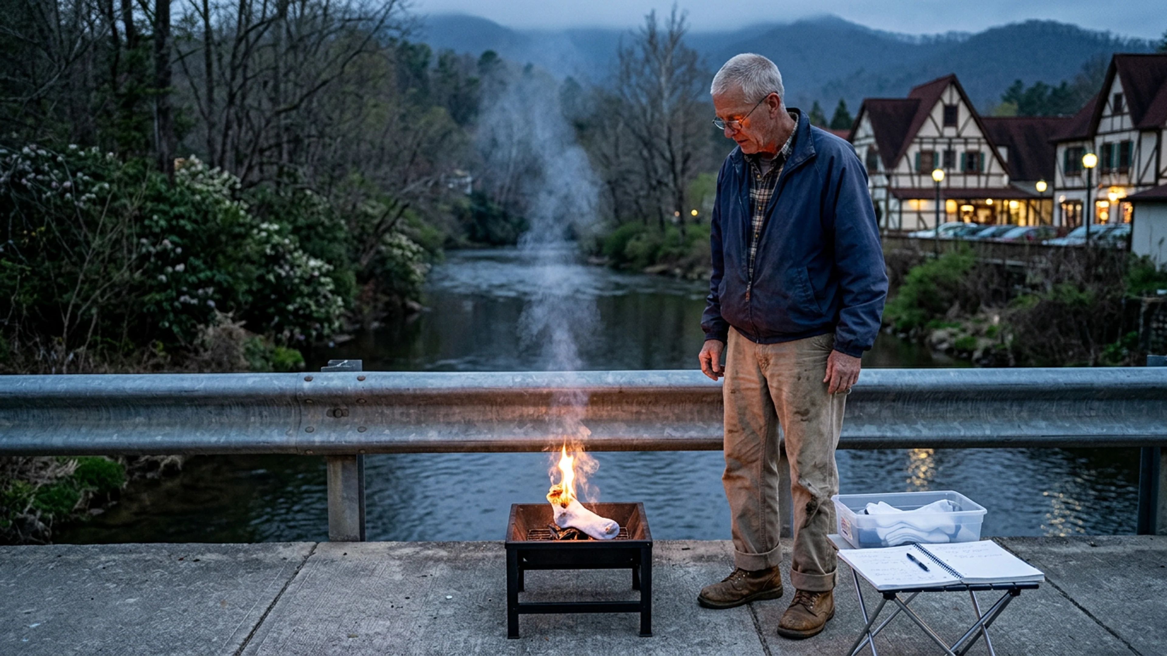 Silas Poonch, 63, at the 14-by-14-inch steel brazier he has tended continuously since March 21, Tuesday evening. A small plastic tote containing what he estimated as 'another 180 or so' cotton crew socks sits at his feet. The Chattahoochee, visible in the background, was at its usual elevation. (Photo: Bavarian Brainrot / Dr. Wilhelm Brüning)