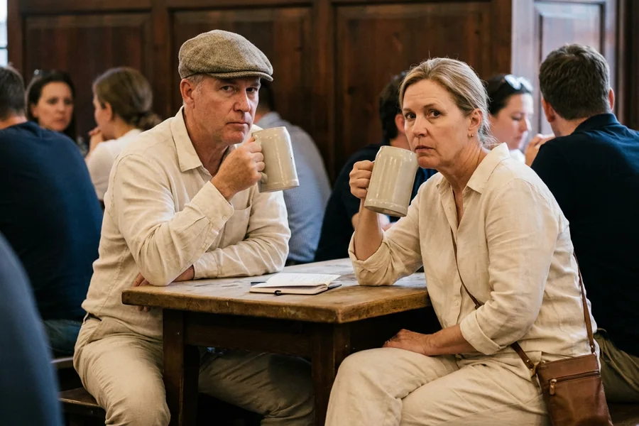 The Asheville Couple: a white couple in their late 40s, wearing matching linen, the woman with a small leather crossbody bag, the man in a handmade flat cap, both sipping measuredly from ceramic steins, photographed at a small wooden Festhalle side table.