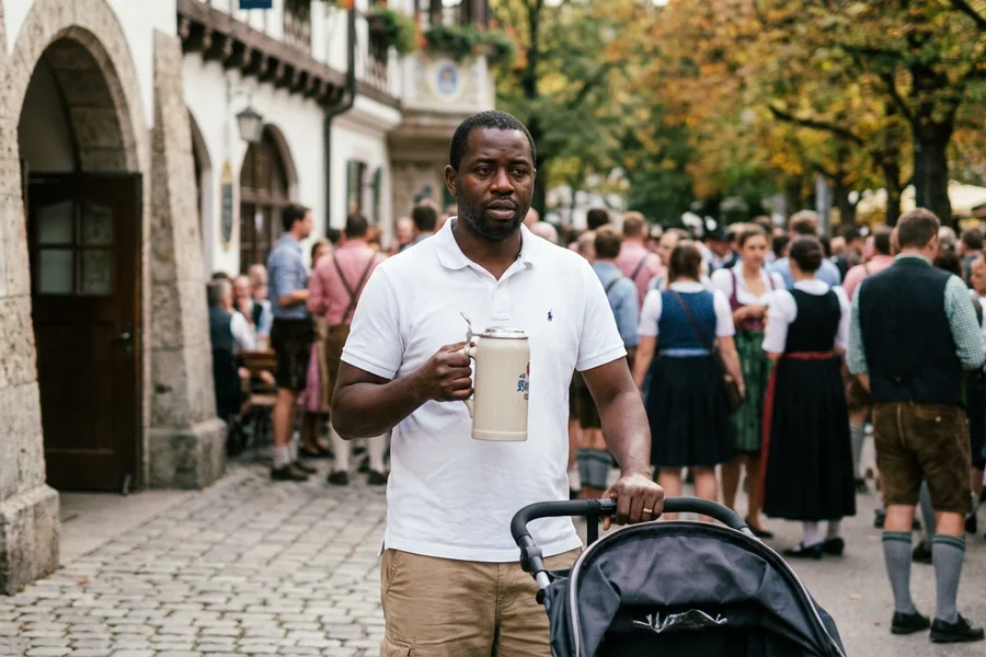 The Atlanta Day-Tripper: a Black man, mid-30s, in a crisp white polo shirt, holding a stein with one hand and a stroller with the other, slight look of having parked 1.2 miles from the festival, photographed near the Festhalle south entrance.