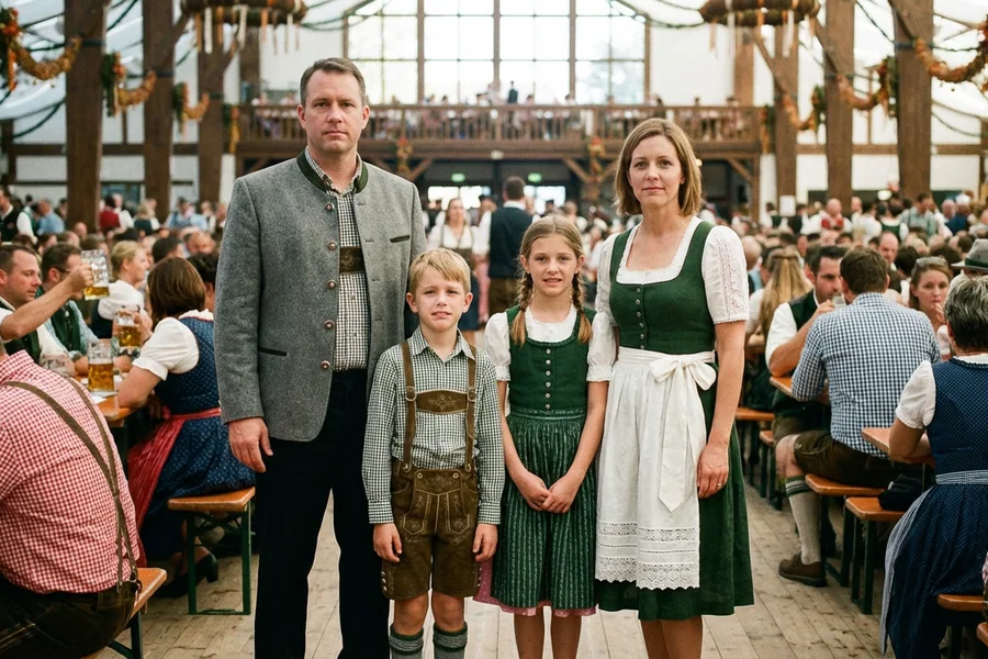 The Bavarian-American Family: a white family of four in full, well-fitted, actually-authentic Bavarian Tracht clothing — the father in a gray wool Trachtenjanker, the mother in a proper green dirndl with a white apron, two children in matching junior-Tracht, photographed at the Festhalle main floor with subtle pride.
