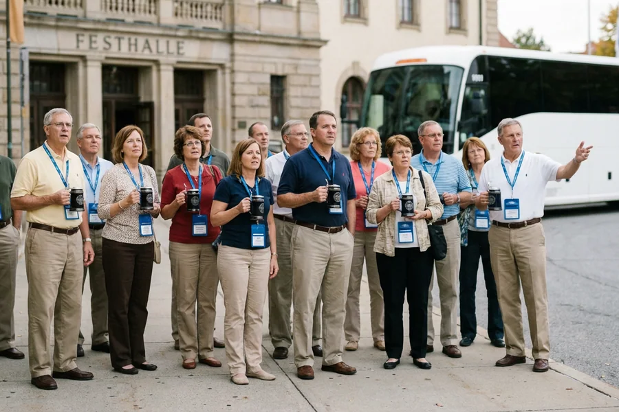 The Business Conference: a loose group of 30+ people in business-casual attire — the men in khakis and polos, the women in slacks and blouses, all wearing the same lanyard-style conference badge, photographed on the Festhalle sidewalk mid-bus-arrival.