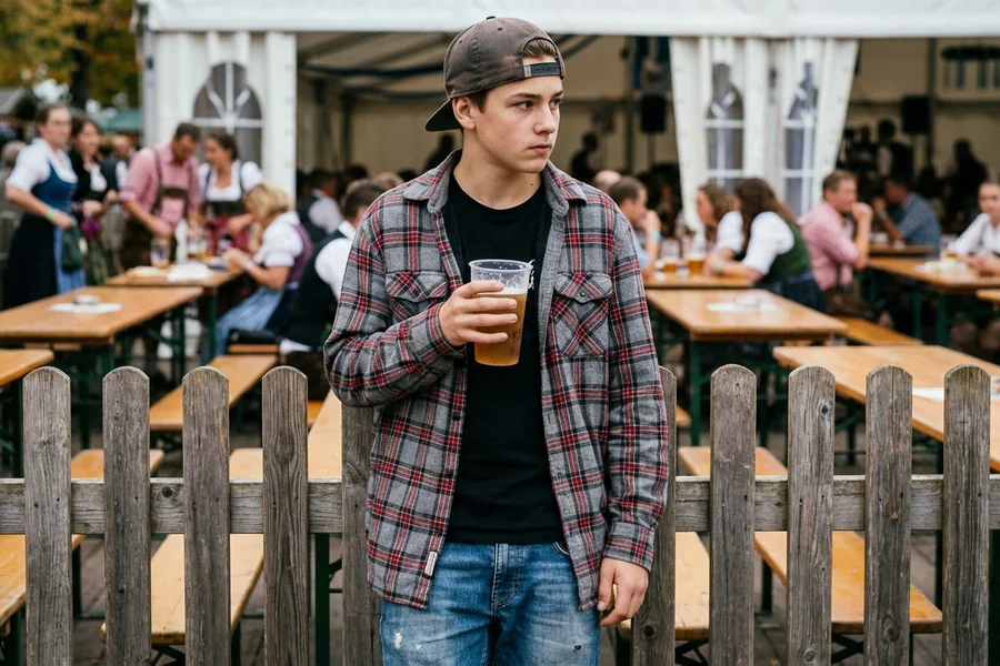 The Clayton Teenager: a white teenage boy, about 17, baseball cap pulled low, oversized flannel, holding what appears to be a lemonade but which closer inspection suggests is not a lemonade, photographed standing alone near the Festhalle's east fence.