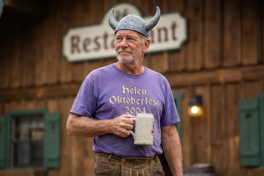 The Cleveland Townie: a white man in his late 60s, in a faded purple Helen Oktoberfest '04 t-shirt, worn lederhosen, and a Viking helmet, holding a half-finished stein, photographed outside the Bodensee, looking off to the left as if watching something he's seen before.